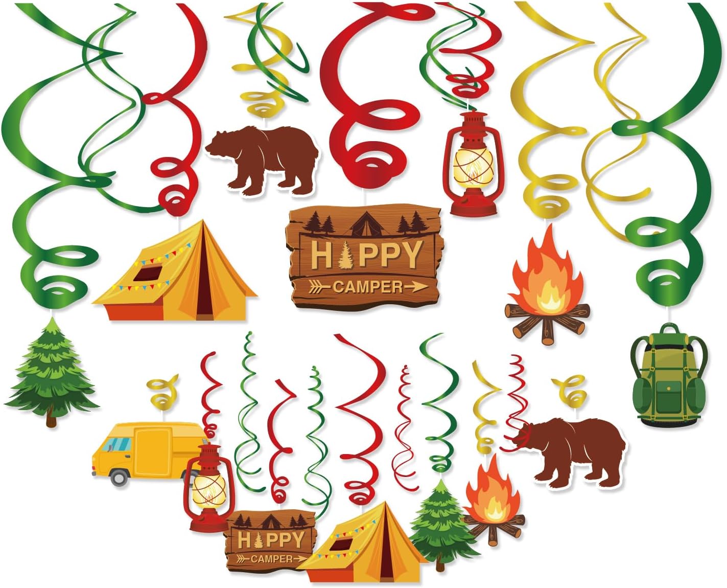 30CT Camping Hanging Swirl Party Decorations, Happy Camper Foil Swirls Camping Adventure Ceiling Streamers, Camping Theme Party Supplies Birthday Decoration for Adults