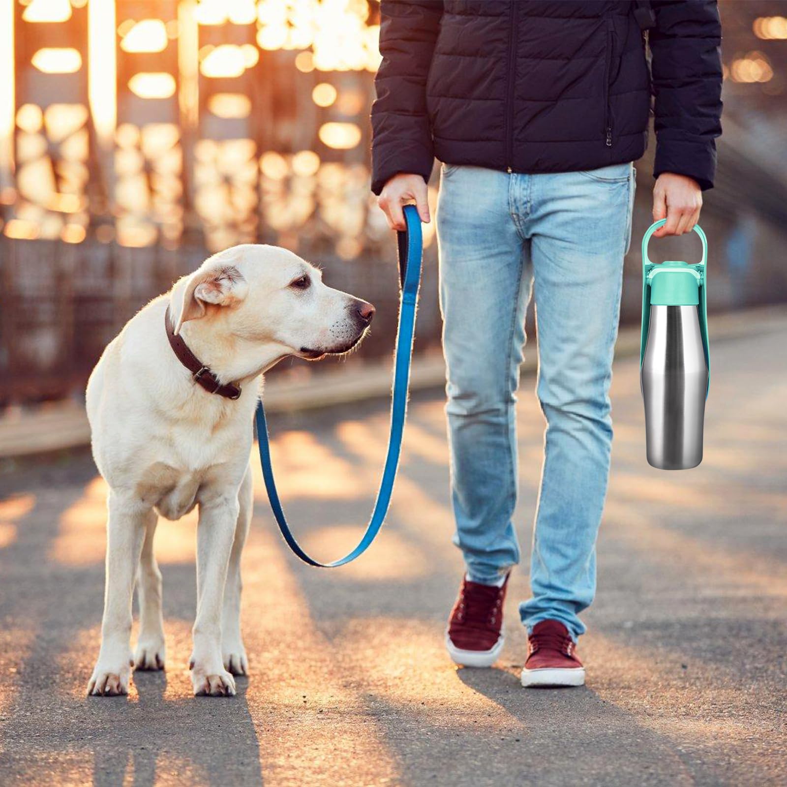 Borraccia per cani, portatile, 750 ml, in acciaio inox, per cani, design pieghevole a 180°, ideale per allenamento all'aperto e idratazione