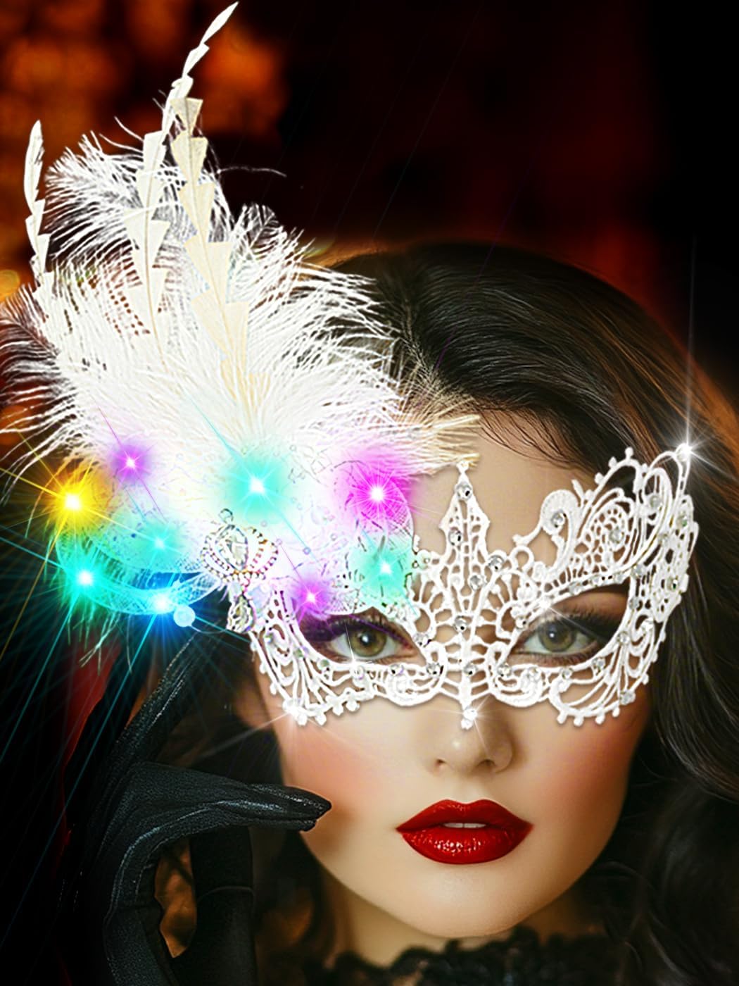 Urieo Light up Masquerade Mask, White Lace Mask, Feather Venetian Masks for Women