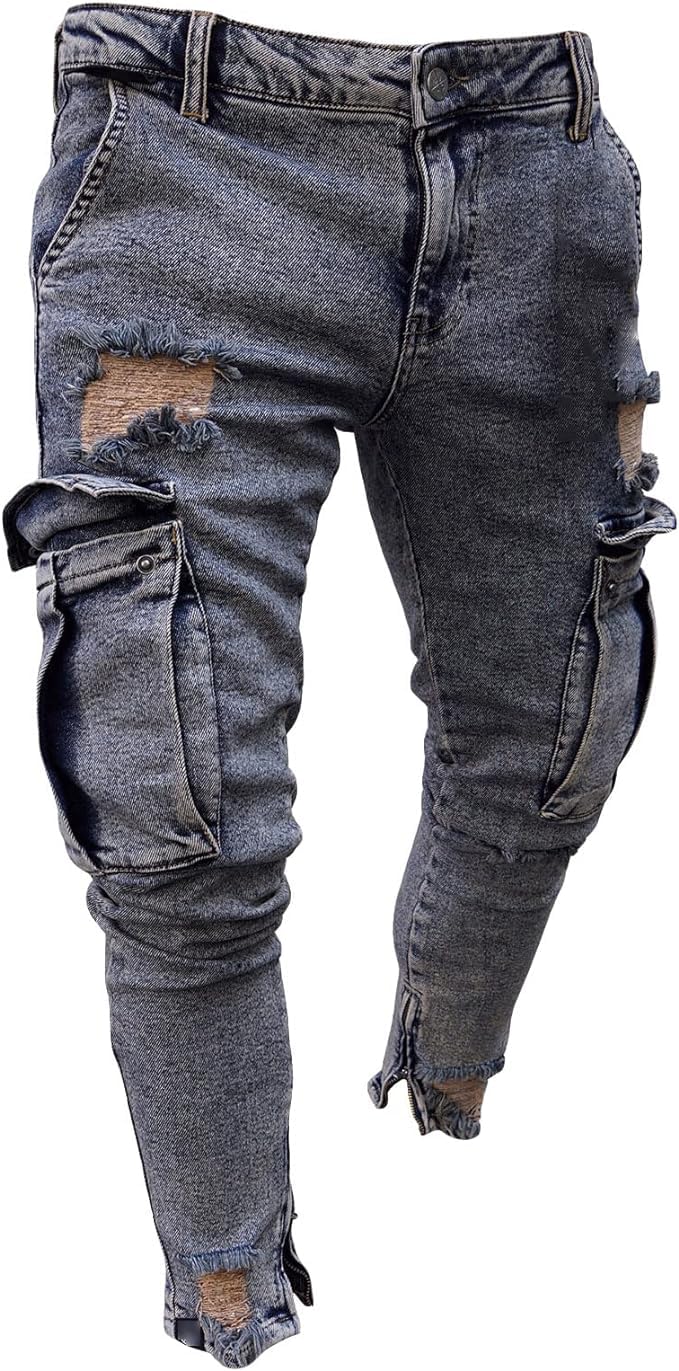 Maiyifu-GJ Mens Skinny Jeans with Multi Pockets Slim Fit Stretch Hip Hop Denim Pants Fashion Distressed Straight Leg