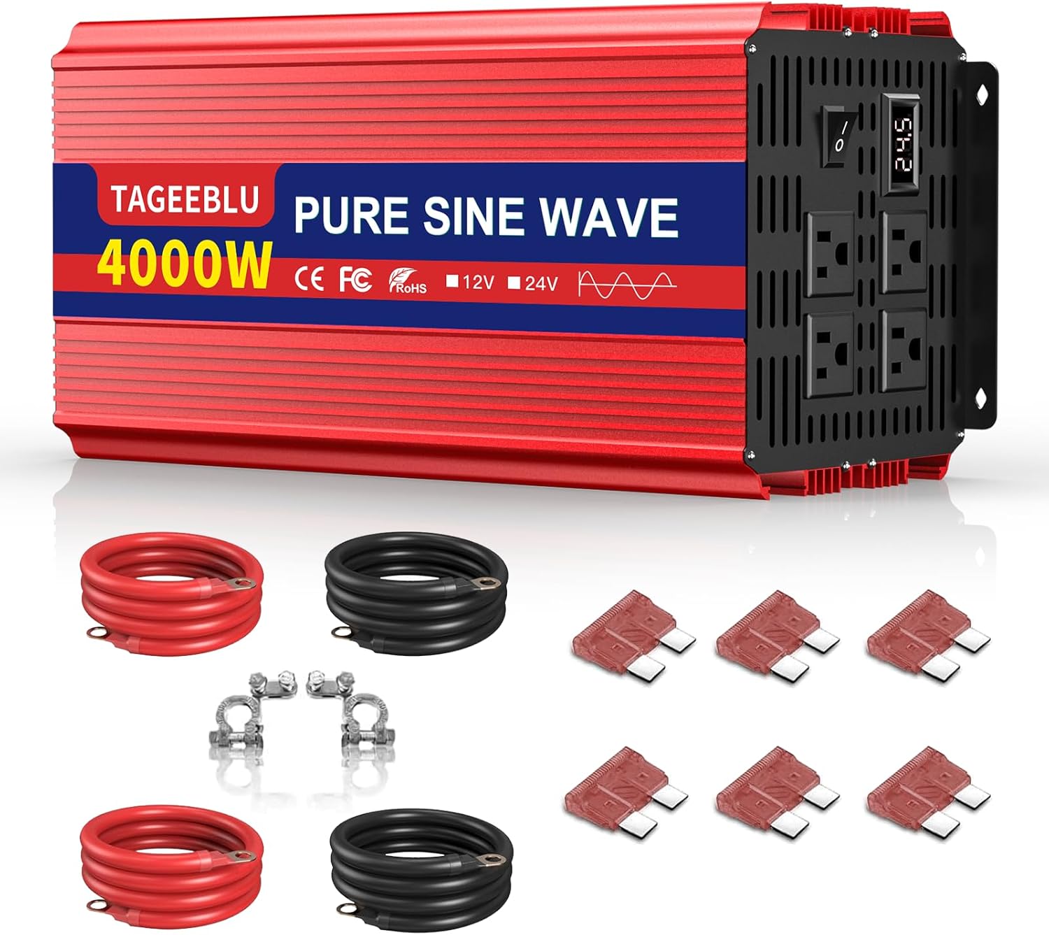 4000W 24V Pure Sine Wave Inverter, 24V DC to 110V/120V AC Power Inverter for RV、Off Grid、Truck、Power Outage with 4 AC outlets and LCD Display