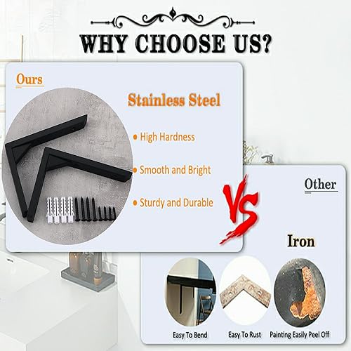 Miniatura 5 de Alise Soportes de estante flotantes, soportes en L negro mate para estantes, soporte de pared resistente, soportes de esquina de unión para soporte