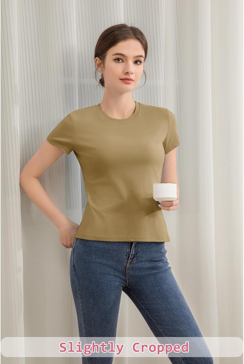 Cotton Short Sleeve T Shirts for Women Slim Fitted Basic Tees Cropped Tshirts Casual Plain Tight Petite Summer Tops - Image 4