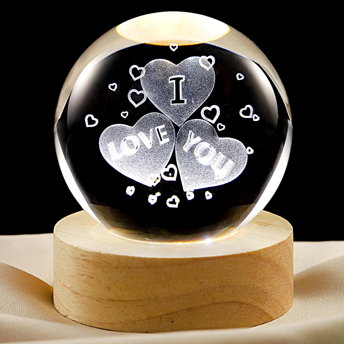 3D Heart Crystal Ball Lamp with Dimmable LED and Wooden Base, Night Light for Kids Teens Adults, Home Desk Office Bedroom Decor, Birthday Gift (2.4”/ 6cm)