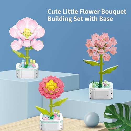 Miniatura 2 de Juego de construcción de ramo de flores con base, clavel rosa, plantas artificiales, bloques de construcción para decoración de oficina en casa,