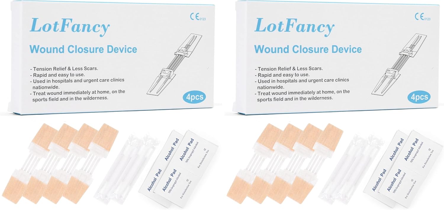LotFancy Emergency Laceration Closures, Medical First Aid Supplies, 4-Count, Butterfly Bandaids, Wound Care Surgical Sutures Strips Kit with Accessories, Sterile, Latex-Free (Pack of 2)