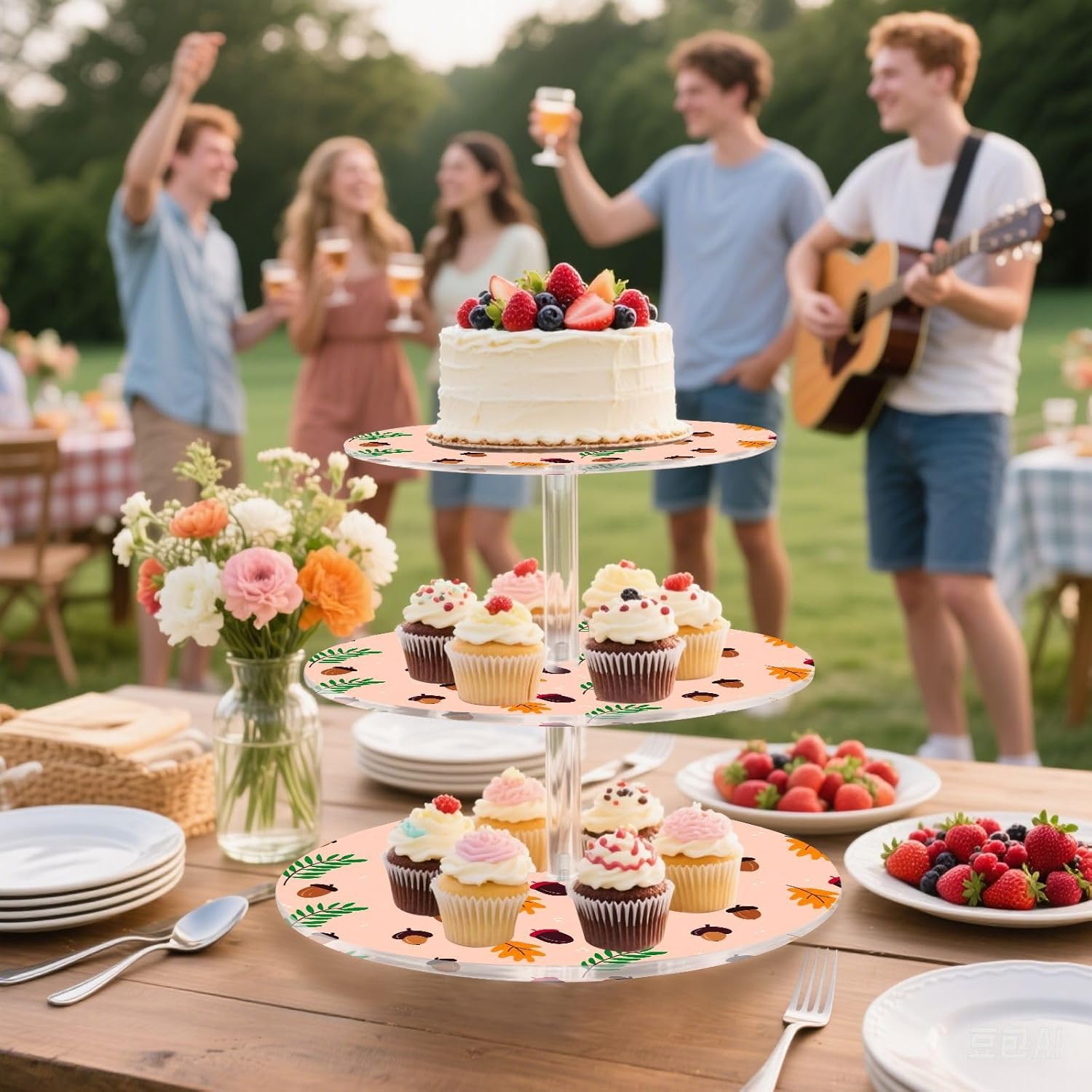 Hazelnut Leaves Maple Leaves Thanksgiving 3 Tier Acrylic Cupcake Stand, Cupcake Stand for 34 Cupcakes for Weddings, Christmas,Holidays,Parties,Birthday,Printed Cupcake Tower 23300309