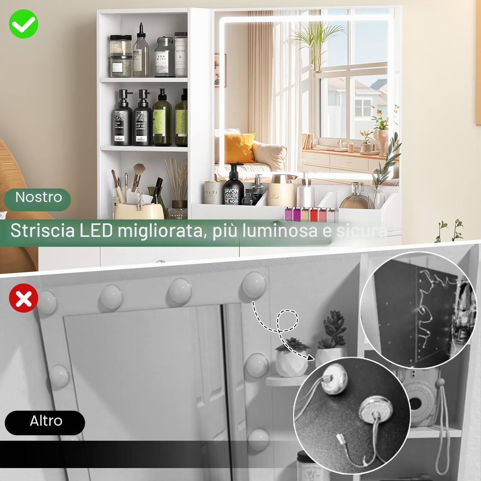 Toeletta, Luce LED con Luminosità Regolabile, Tavolo da Trucco con Specchio 4 Cassetti e Mobile Laterale Postazione Trucco Maniglia Diamante