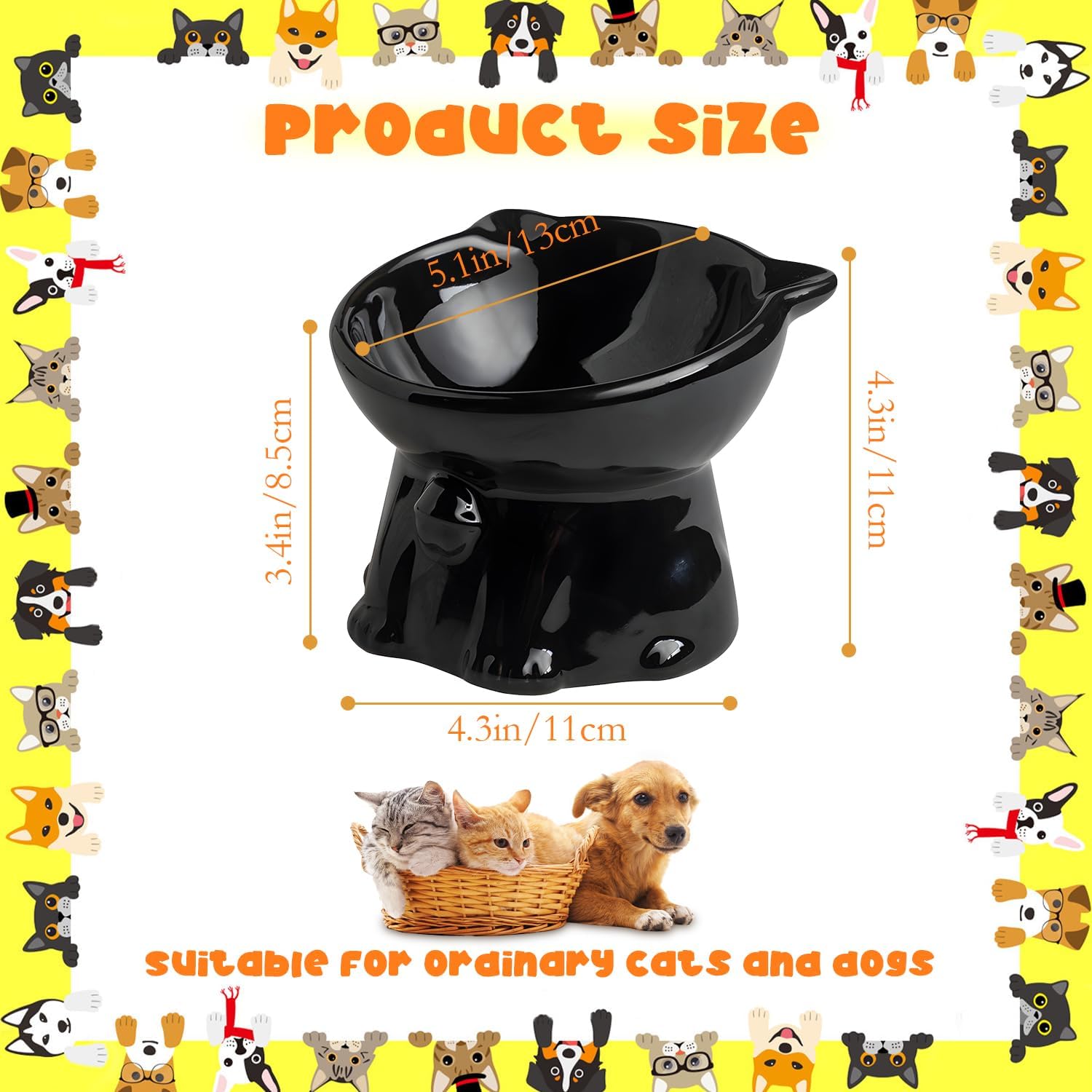 Ceramic Elevated Cats Bowls, 4Pc Extra Wide Raised Cats Bowls, Shallow Whisker Friendly Food & Water Dish, Anti Vomit, Microwave & Dishwasher Safe, 5 oz (Cat Bell 5 X 4.3'')