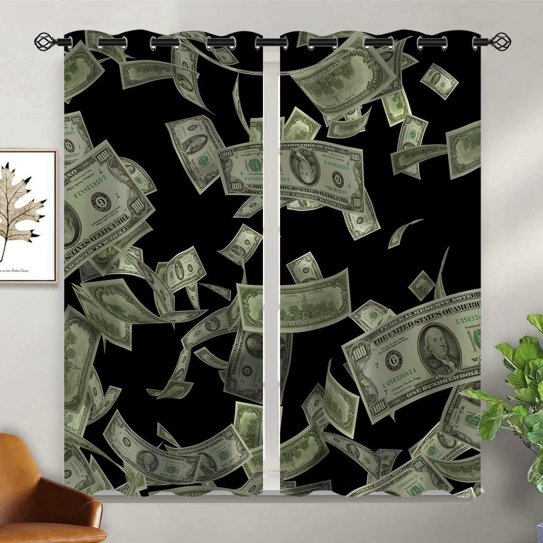 Money Blackout Curtains for Girls Boy Home Decor, Banknote Usd Dollar Luxury Bank USA Cash Grommet Thermal Insulated Drapes Darkening Window Curtain for Bedroom Living Room, 42 x 45 Inch