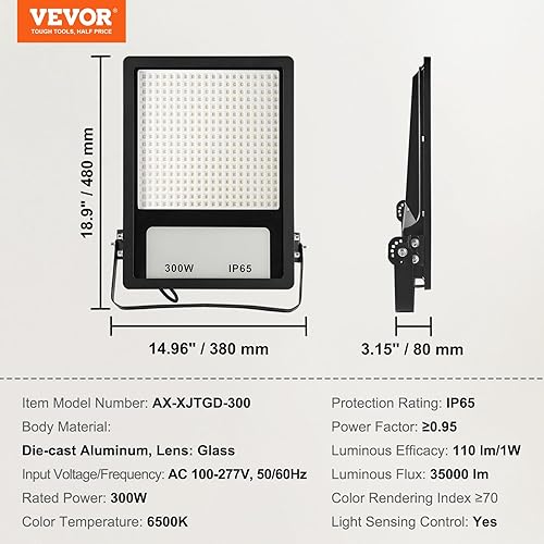 Miniatura 7 de VEVOR Luz LED para estadio, 300 W 35000 LM, luz de inundación LED de 6500 K, luz de inundación blanca brillante para exteriores con enchufe, luz de