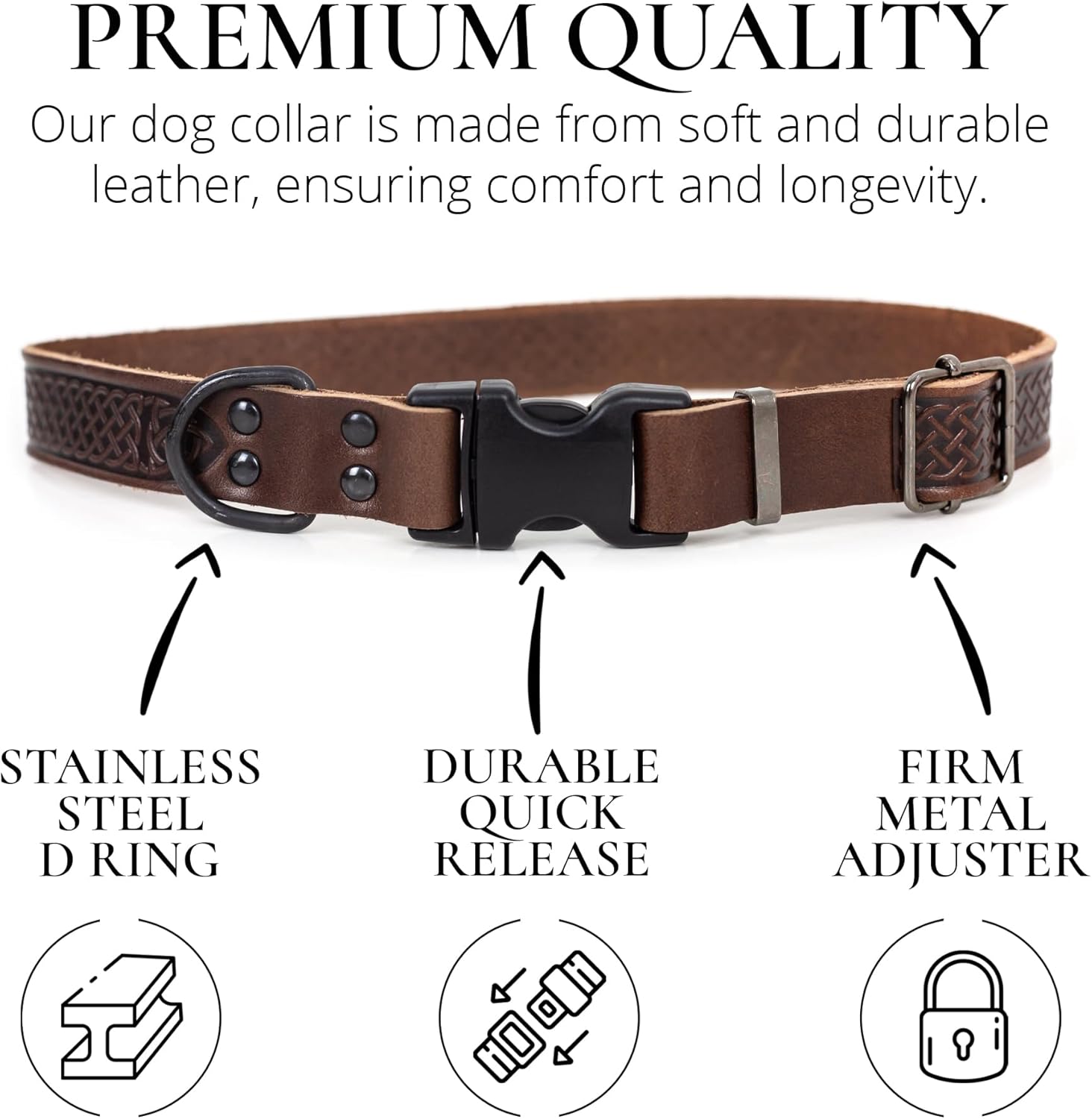 Celtic Leather Dog Collar - Heavy Duty Dog Sports Collar - Soft & Comfortable Hypoallergenic Durable Collar - Luxury Collar with Adjustable Sizes(Chocolate_XL)