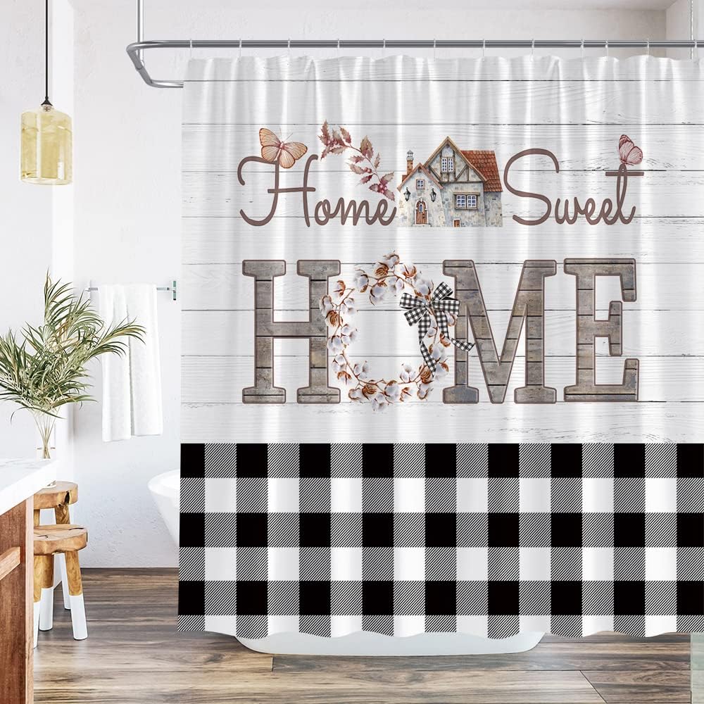 WIN4LIFE Buffalo Plaid Sweet Home Black and White Shower Curtain Cute Butterfly Farmhouse Rustic Wood Board Black and White Plaid Print Decoration, Fabric Bathroom Set Hook 70x90 Inch Gray Brown