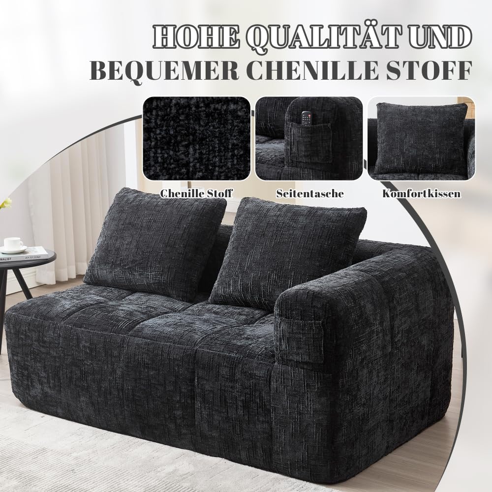 Sapgaks Canapé convertible de 1 à 3 places, canapé modulaire, canapé d'angle modulaire, avec poches latérales, en chenille, avec méridienne et accoudoirs, coussin d'assise inclus (noir + chenille + 2
