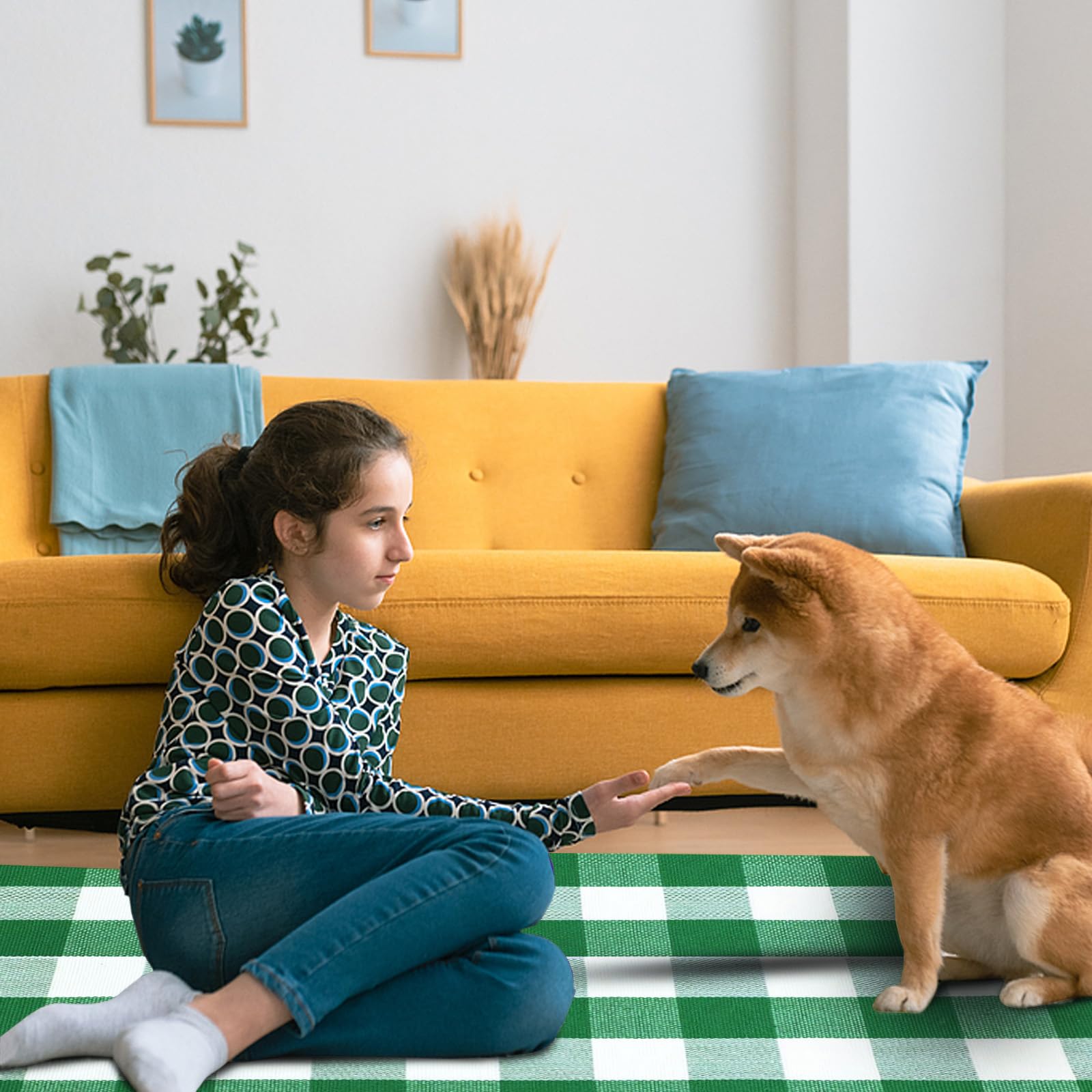 バッファロー敷物、ラグ Amazon | バッファローチェック エリアラグ 市松ラグ 3x5フィート 緑白