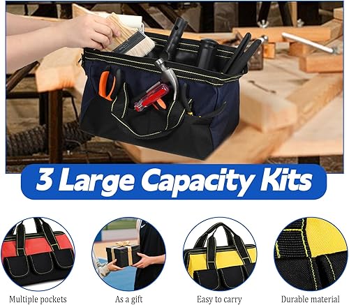 Miniatura 6 de Paquete de 3 bolsas de herramientas para hombres, bolsa de herramientas de boca ancha con base impermeable, bolsa de almacenamiento de herramientas