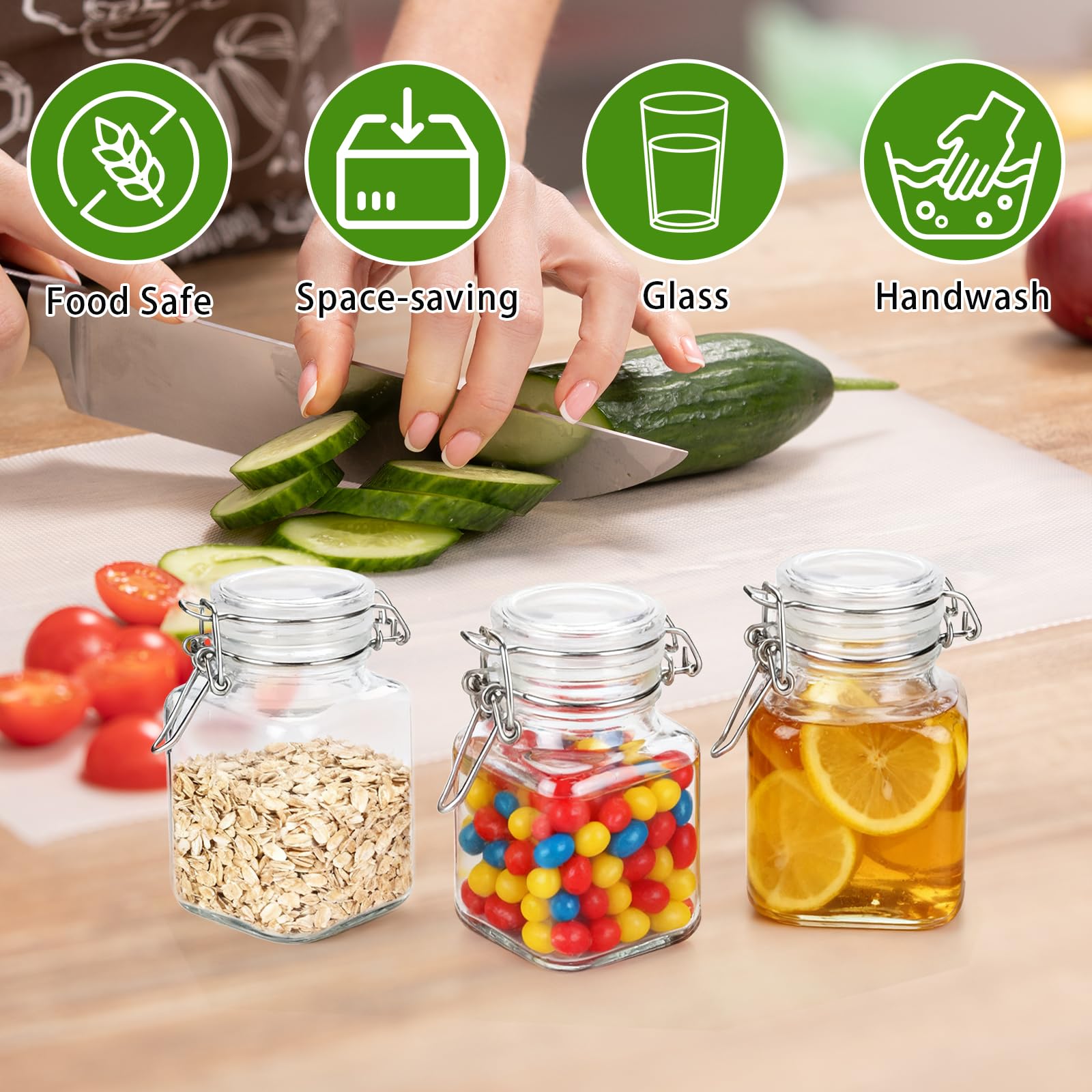 24 Mini Pots à Épices en Verre Hermétique,Mini Bocaux en Verre avec Clip,Bocaux a Epices Hermétiques en Verre avec Couvercles,Petits Bocaux en Verre avec Clip,Céréales,Grains