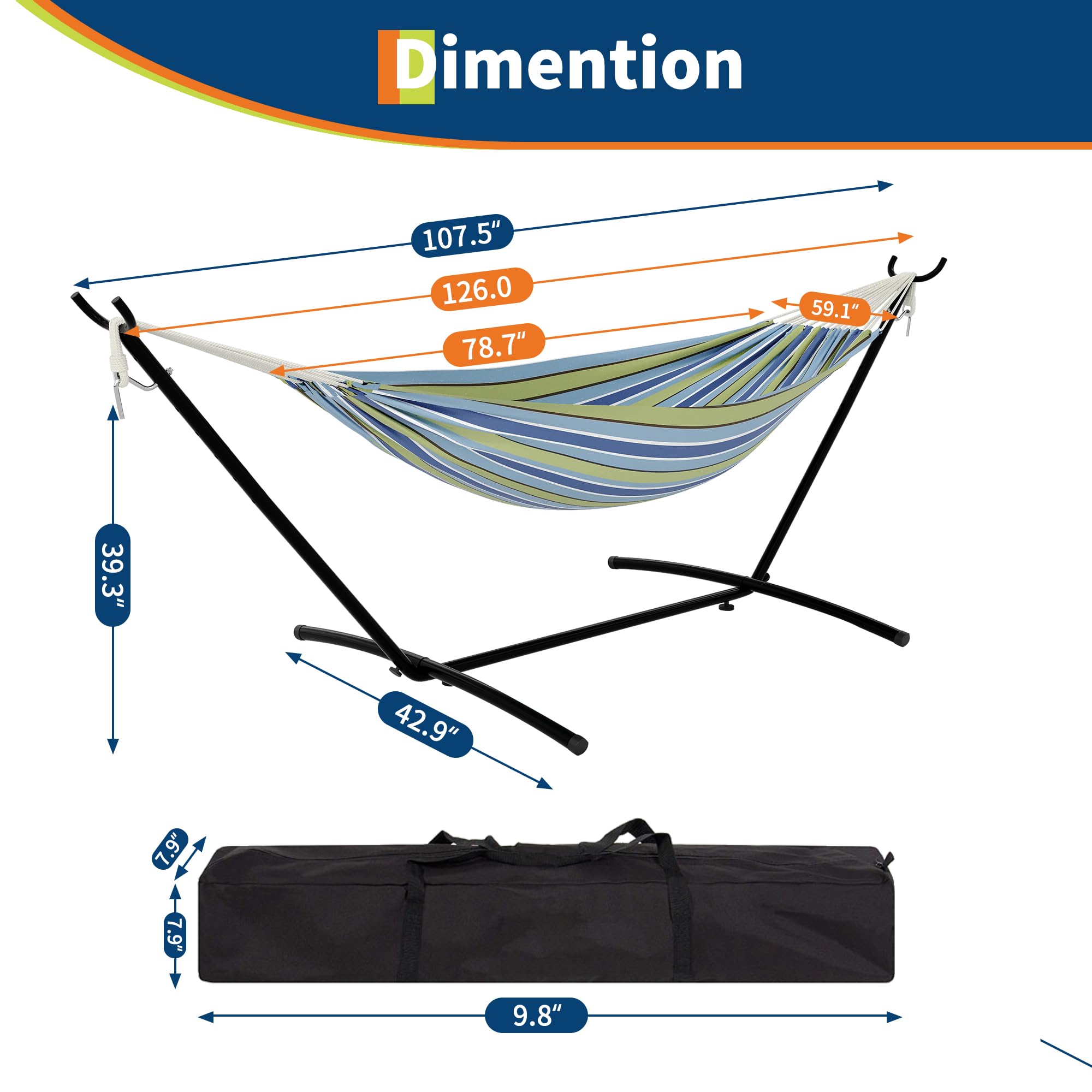 Double Hammock With Steel Stand - 450 Lb Capacity, 100x40x38 Inch, Portable For Backyard, Beach, Patio (Blue)