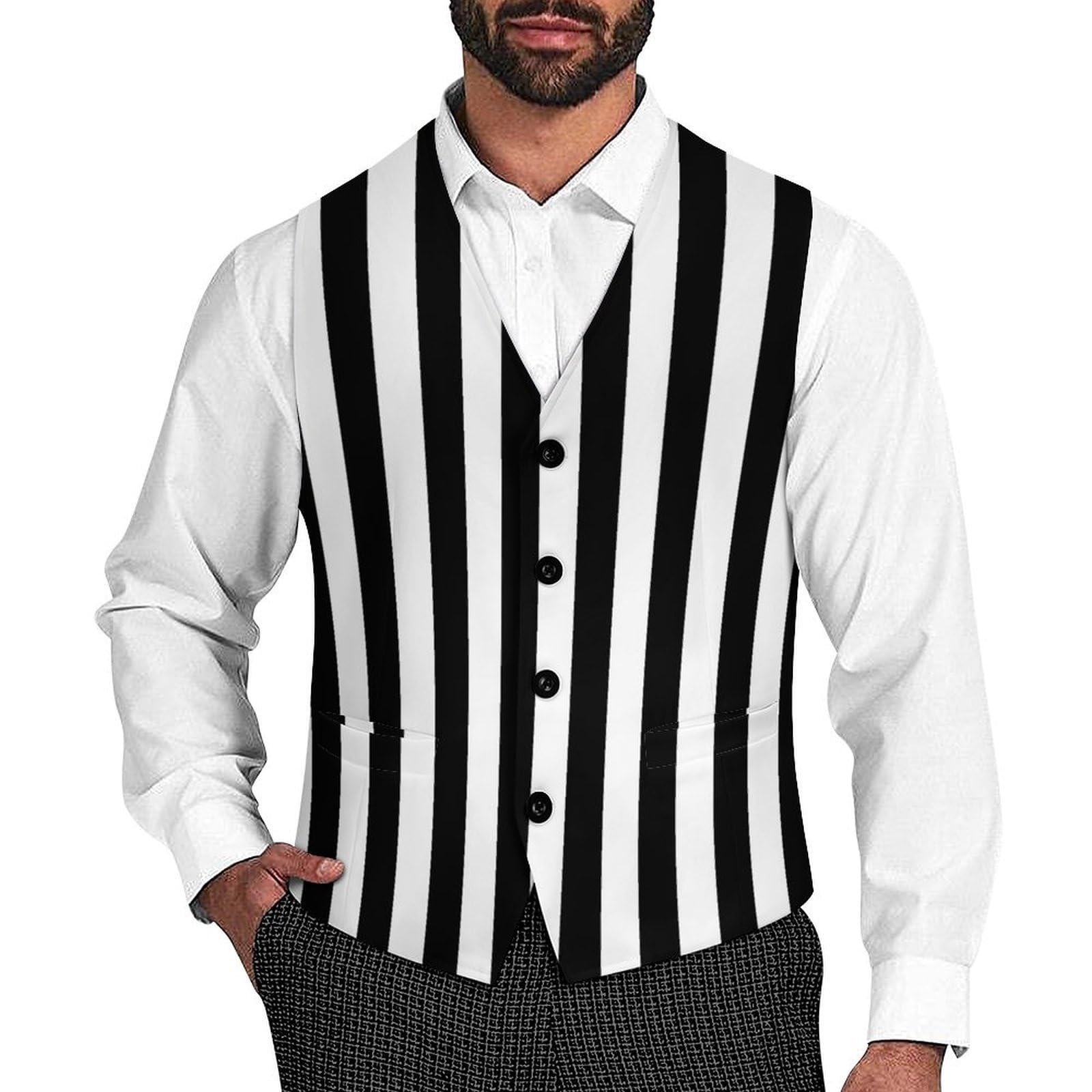Jiufotk Unisex As Pic Black White Striped Men's Suit Vest Slim Fit V-Ncek Waistcoat Business Casual Vest