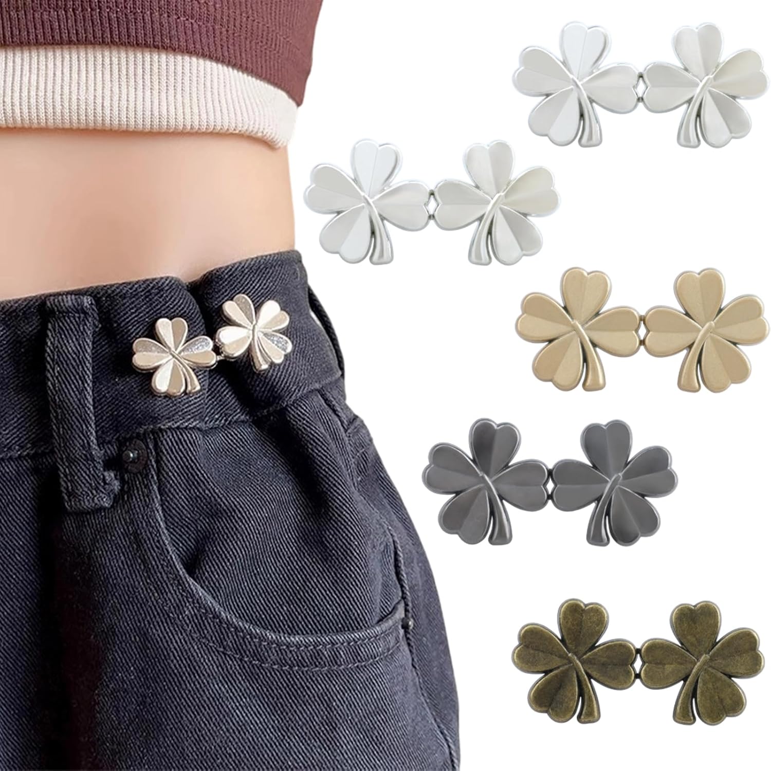 5PCS Jeans Tightening Clips For Waist Tight, Adjustable Jeans Button Pins For Women, Instant Pant Waist Tighteners For Loose Pants Skirts, No Sew Detachable Waist Clip