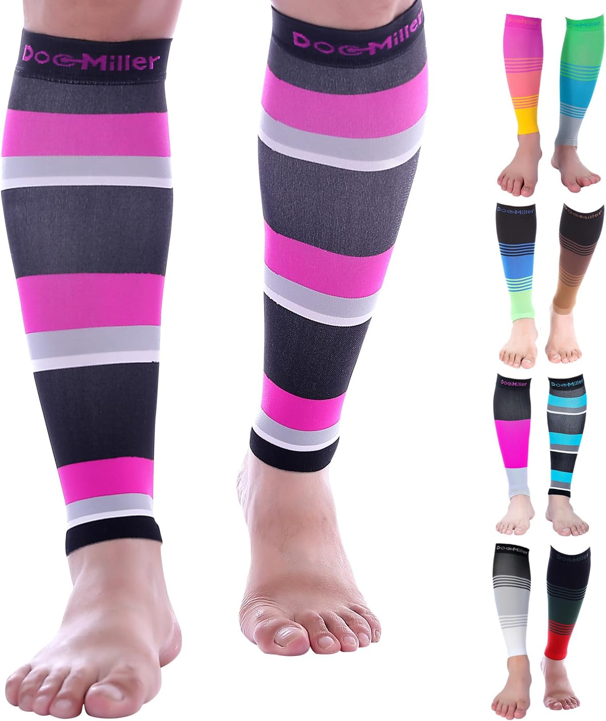 Doc Miller Compression Calf Sleeve for Men & Women, Medical Grade, 20-30mmHg Graduated Support for Running, Calf Tear, Shin Splints, Knee High, Calf Sleeves, Stripes Design, 3X-Large Size,1 Pair 3X-Large BlackPinkGrayWhite