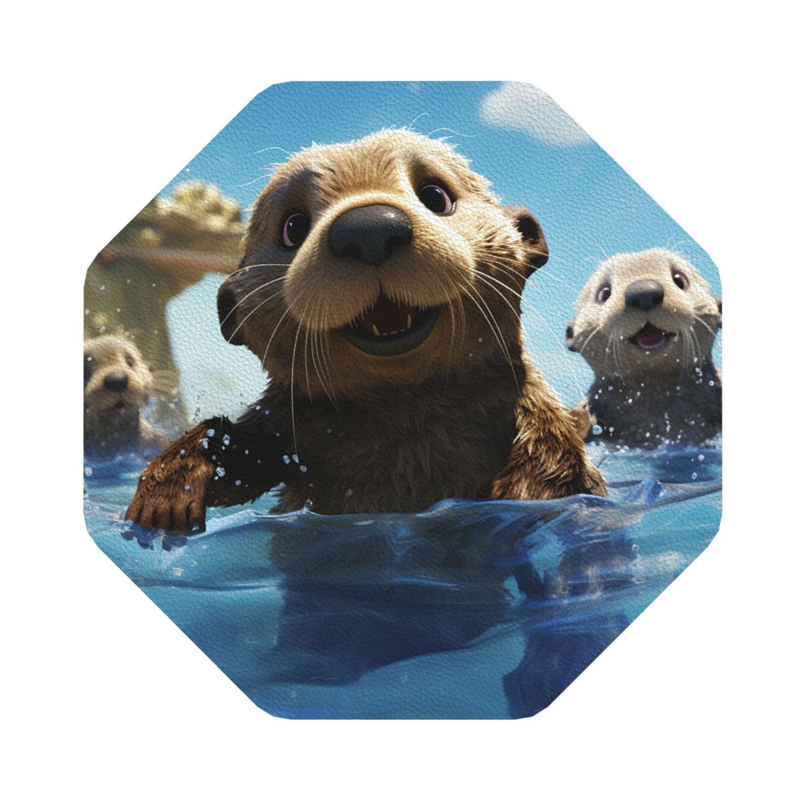 Fodpand Octagon Lovely Sea Otter Print Drink Coasters Set Of 4, Heat Resistant Leather Coasters Fuuny Bar Beer Beverage Coaster For Drinks, Absorbent Cup Mat For Tabletop Protection, Housewarming Gift