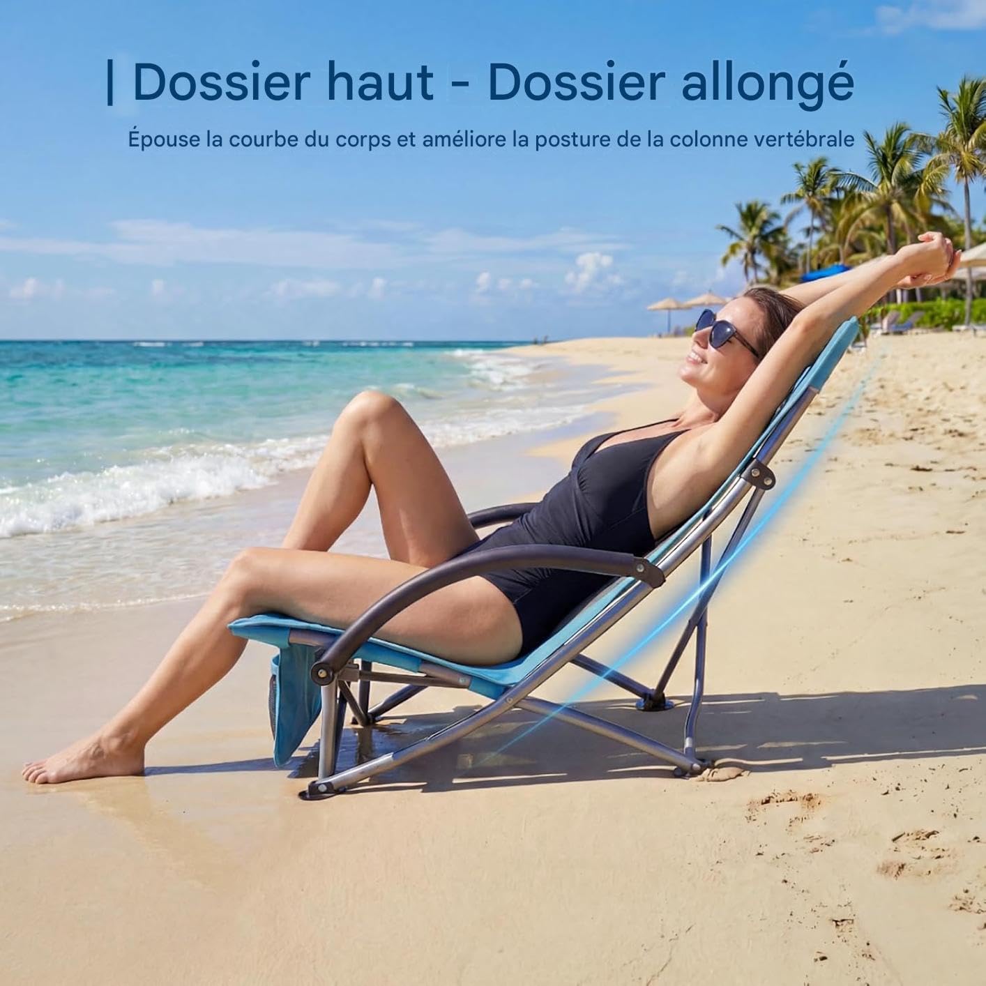 Garvee Chaise De Plage Pliante Robuste Et Légère, Chaise Plage Pliante Legere Inclinable, Sangles Sac à Dos, Poche Téléphone, Porte-Gobelet, Idéale pour Camping (Bleu, 2packs)