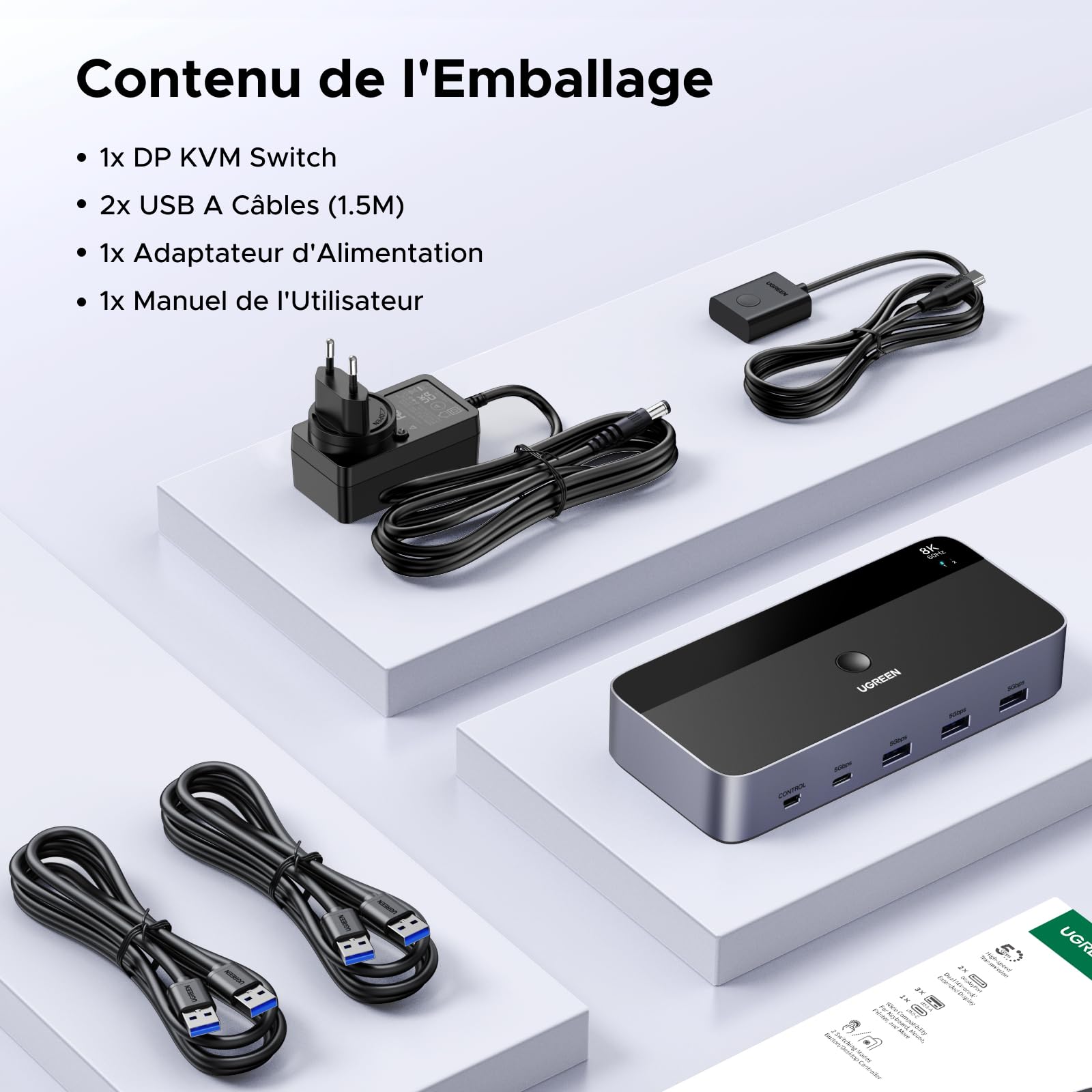 UGREEN Switch KVM DisplayPort 2 Entrées 2 Sorties 8K 60Hz 2 Affichage | 4 Ports USB 3A1C 5Gbps 4K 240Hz pour Clavier Souris Disque Dur Contrôleur de Bureau Câbles USB Inclus