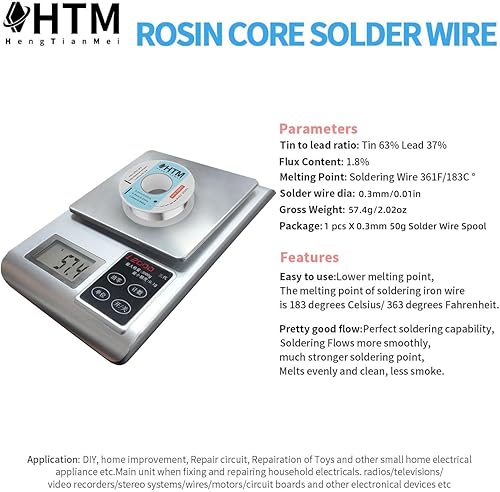 Miniatura 4 de HengTianMei 63/37 Alambre de soldadura con núcleo de colofonia de estaño y plomo para soldadura eléctrica (0.3mm/50g)