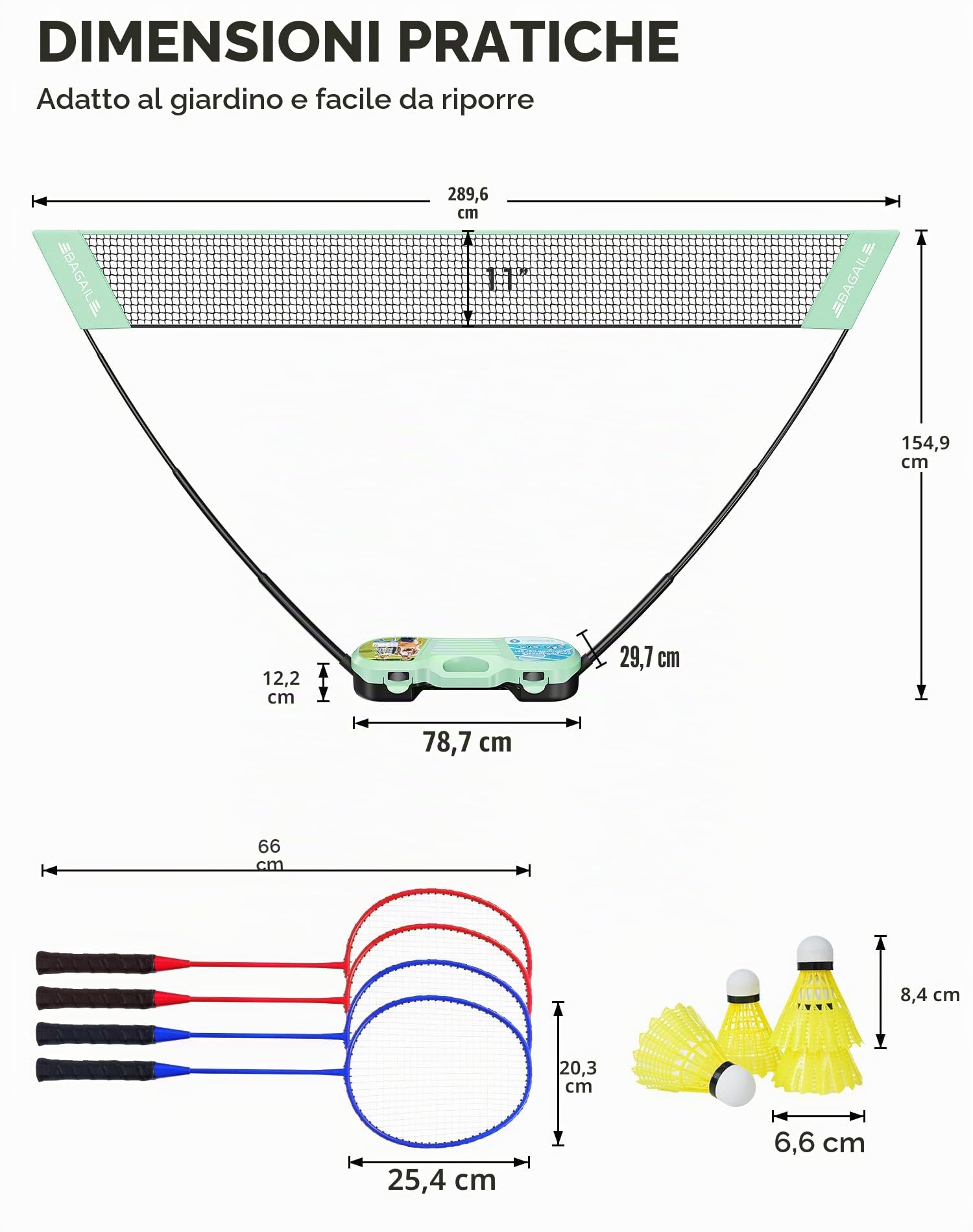 BAGAIL Set da Badminton Portatile - Borsa per riporre l'attrezzatura - Base autonoma - Installazione Rapida - Rete da Badminton con 4 Racchette e 4 volani per Giocare all'Interno e all'Esterno