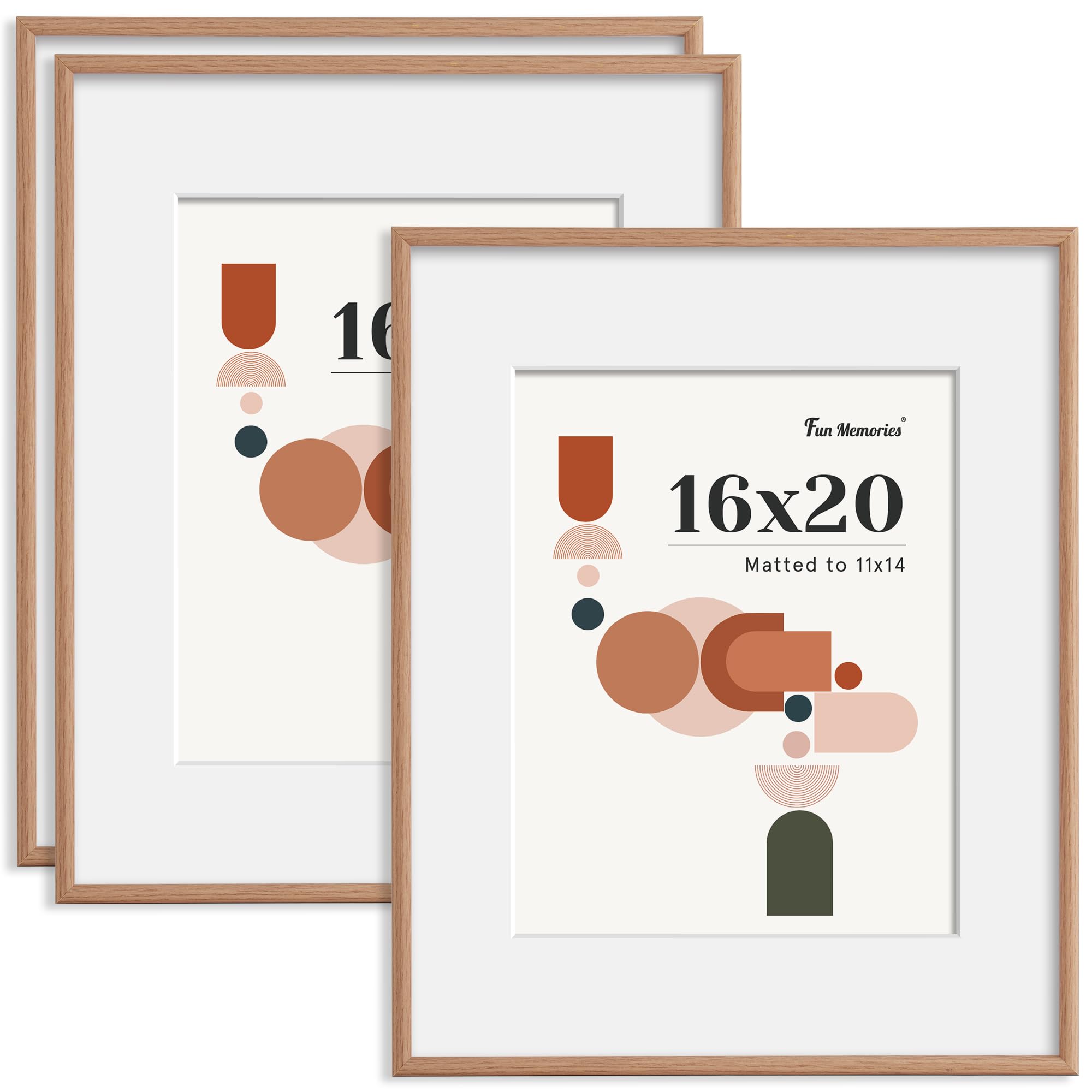 Fun Memories 16x20 Picture Frame, Display 11x14 With Mat or Without Mat, Poster Frames With HD Plexiglass, Wall or Tabletop Display, Wall Hook Included, Natural, 3 Pack