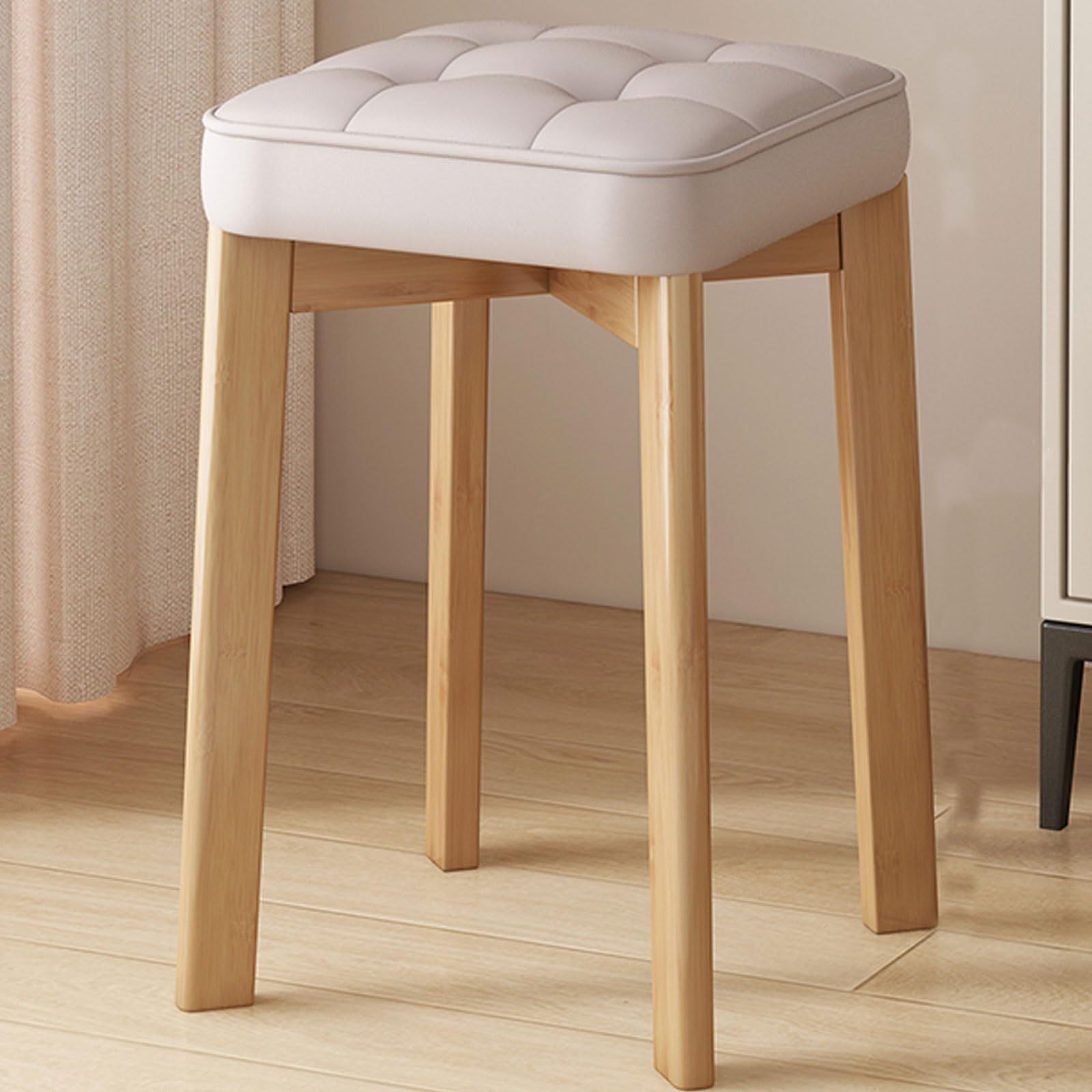 Taburete de maquillaje exclusivo de madera natural y asiento cuadrado de piel para alta cosmetología