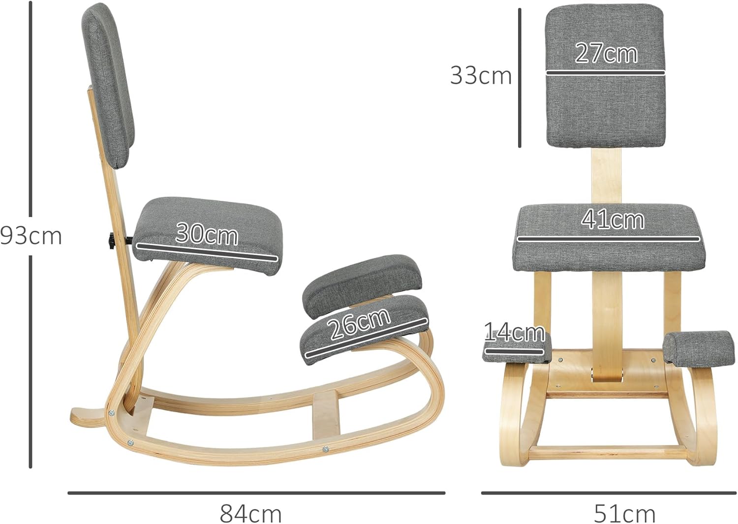 Diagram showing detailed dimensions of the HOMCOM Ergonomic Kneeling Chair