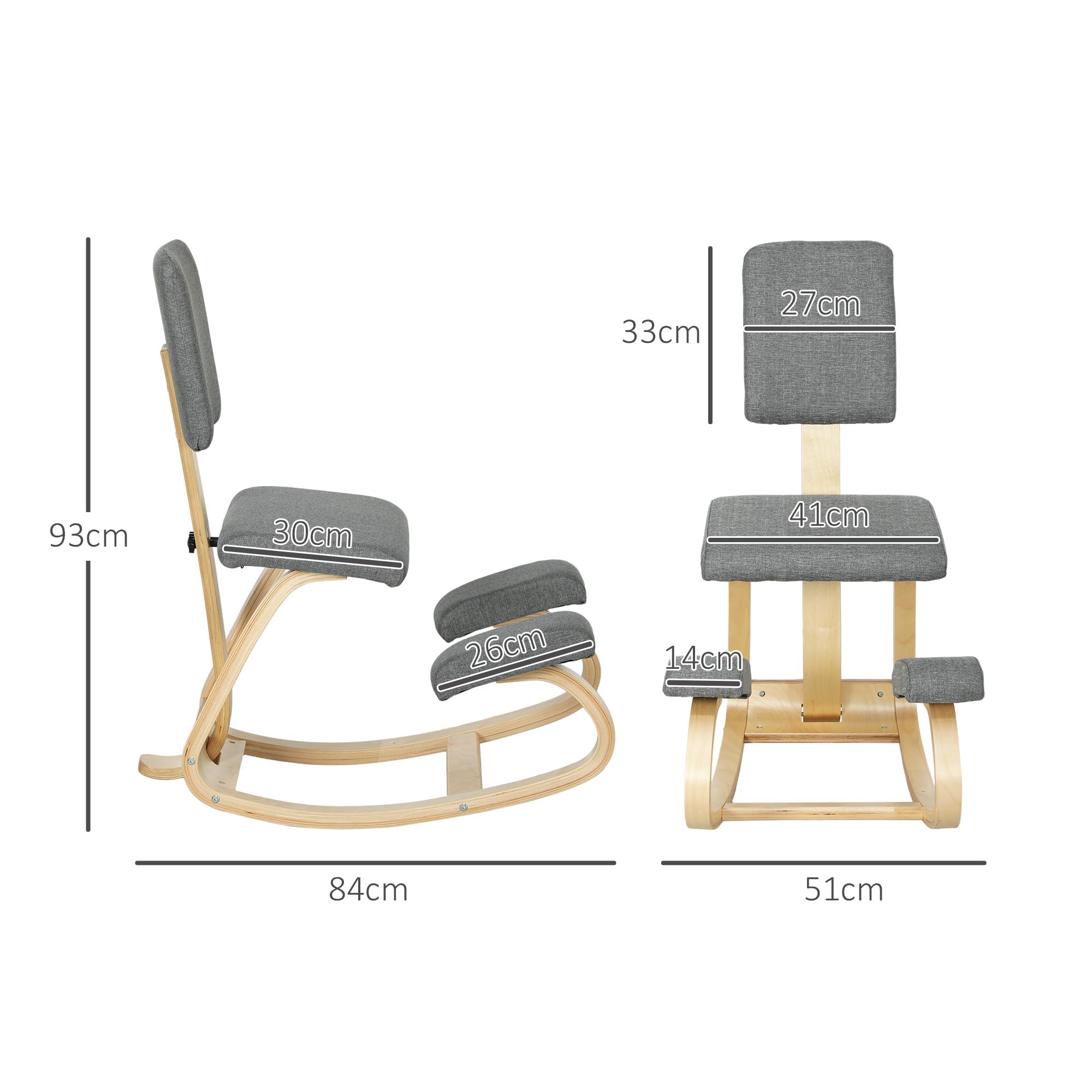 HOMCOM Sedia Ergonomica a Inginocchiatoio con Movimento a Dondolo, Sedia Ergonomica Imbottita Posturale in Tessuto Effetto Lino e Legno di Betulla, 51x84x93 cm, Grigio