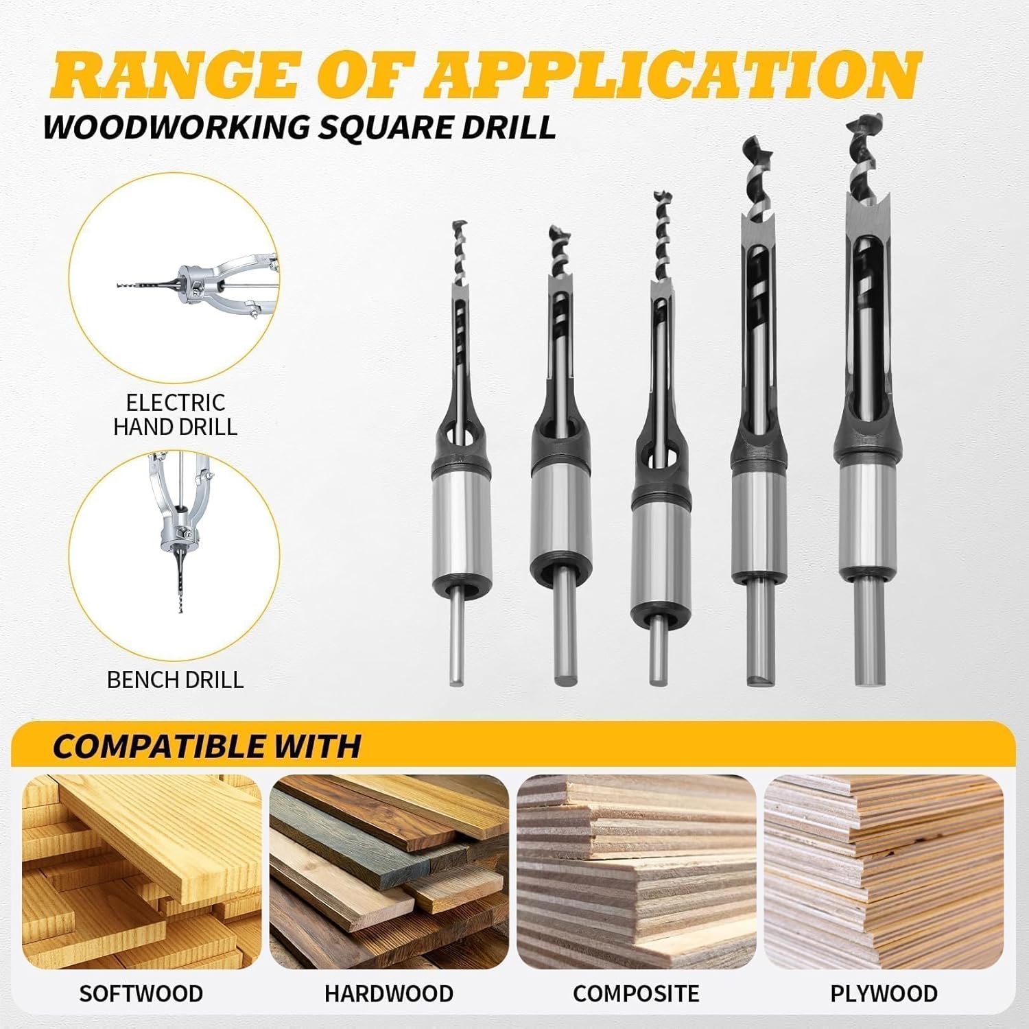 Square Hole Drill Bit 1/4" 5/16" 3/8" 1/2" 5/8" and Adapter Compatible with Bench Drill Presses and Hand Drill Clamps