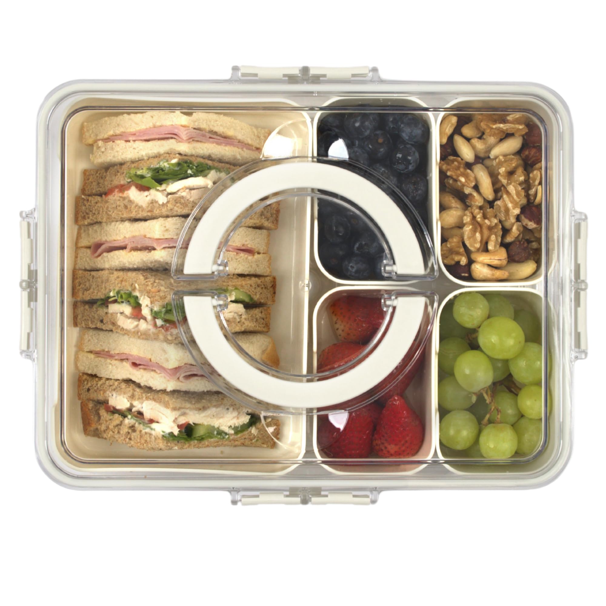 LIVIVO Snack Box with Compartments - 5 Removable Trays, Portable Snack Tray with Lid, Handle, Four Snap Locks - Silicone Seal, BPA Free - Ideal for Fruit, Snacks, Nuts, Spices, Picnics & Parties
