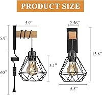 Vista 6 de Juego de 2 apliques de pared enchufables, luces de pared de granja con cable de enchufe, lámpara de pared rústica negra para dormitorio, mesita