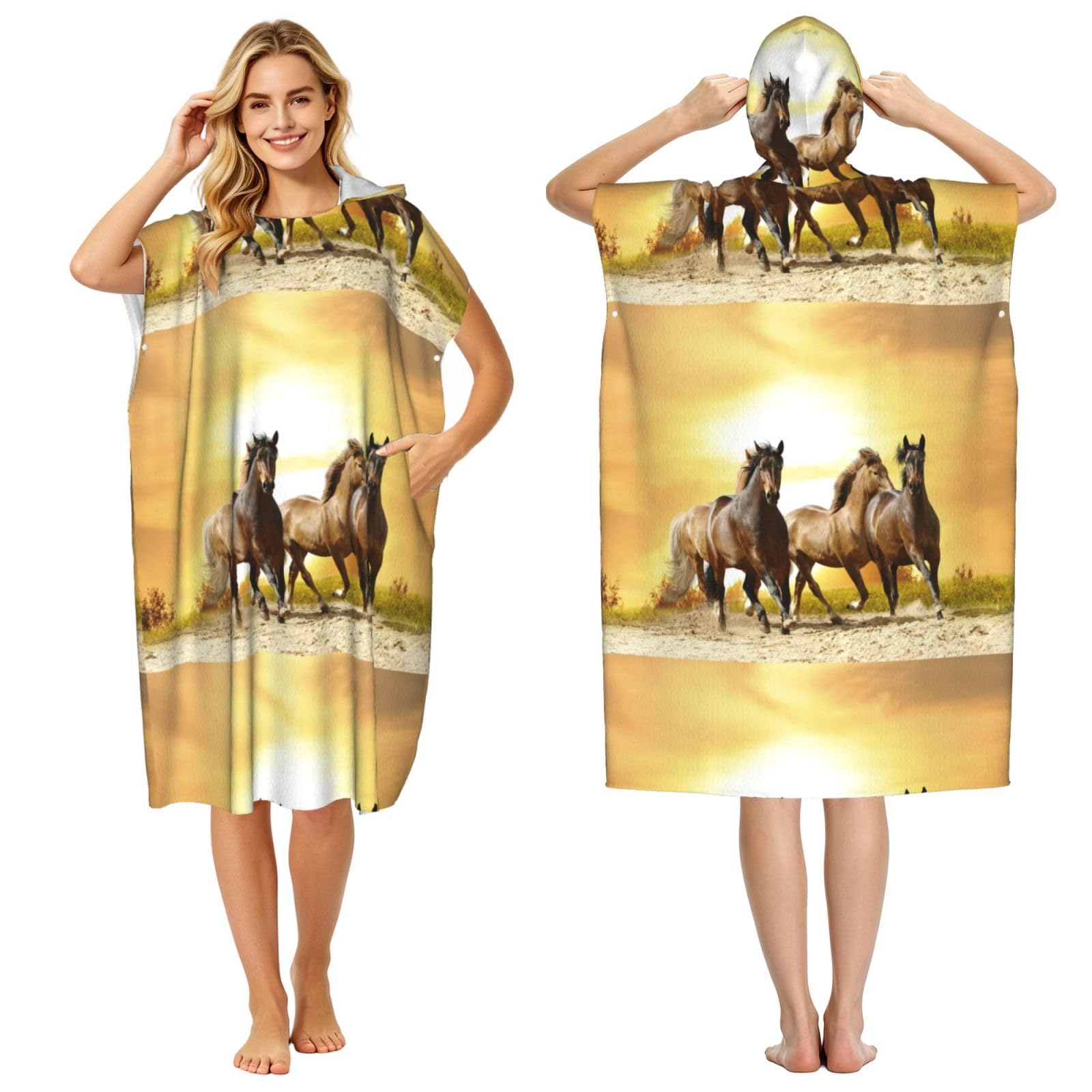 Poadnly Group Horse In Sunset, Adult Hooded Beach Towel 90 x 110 cm,Changing Bath Robe, Surf Poncho Towel For Women Men