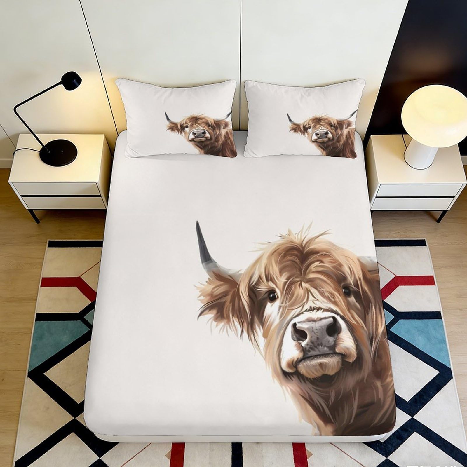 3D Printed Highland Cow Fitted Sheet Microfiber Soft Brown Animal Mattress Cover for Bedroom Dorm Protection Decor 180x200x25cm