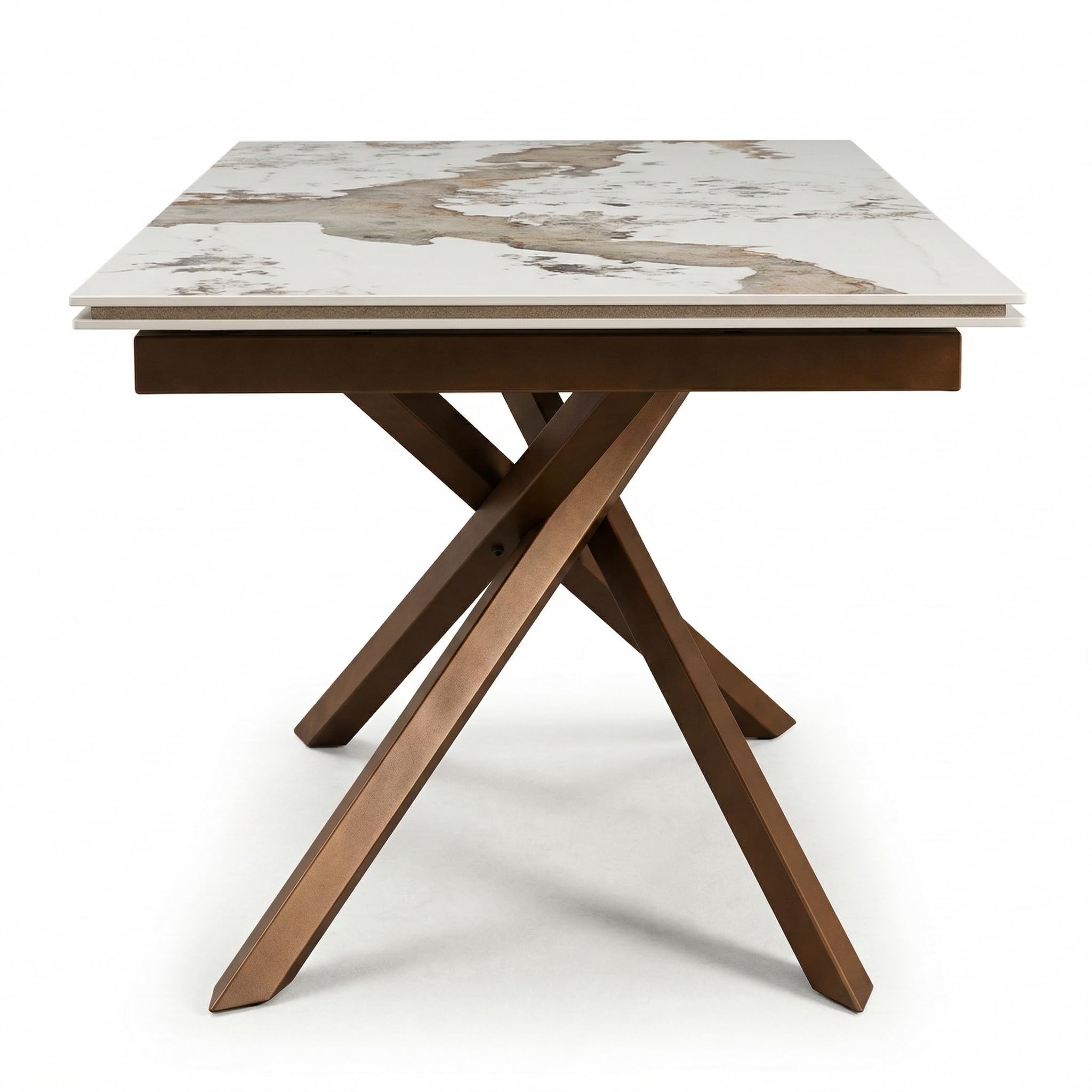 Cribel George Tavolo Allungabile Con Piano in Gres Porcellanato Effetto Marmo Kashmir Beige Lucido E Gambe Bronzo, Tavolo Da Pranzo Moderno 160-240x90x75 Cm