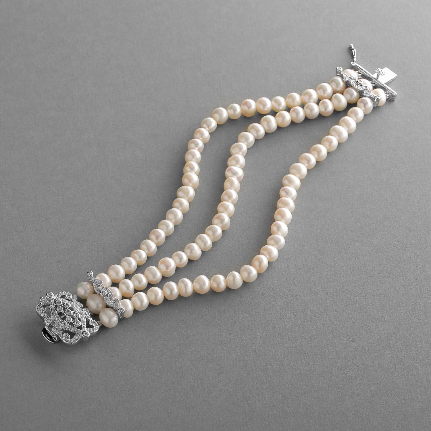 Mariell Genuine Freshwater Pearl 3-Strand Bridal Bracelet - Luxe 3-Row Pearl Bracelet with CZ Clasp: Clothing, Shoes & Jewelry