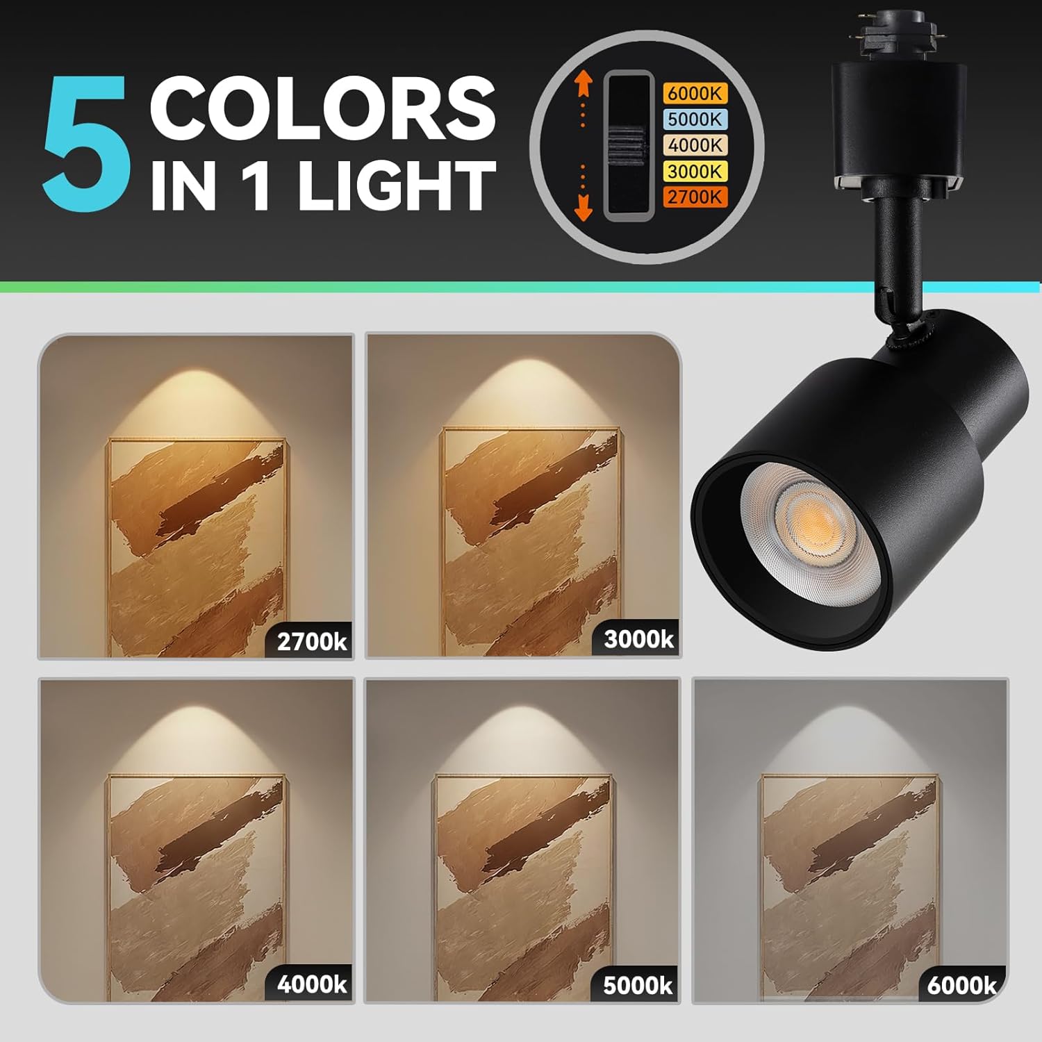 5-Color H Track Lighting Heads, 10W Dimmable LED Track Light Heads, 2700K-6000K Flexible Track Light Replacement Heads Kitchen Track Lighting Fixtures Accent Art Task, CRI90+24° Black 4-Pack