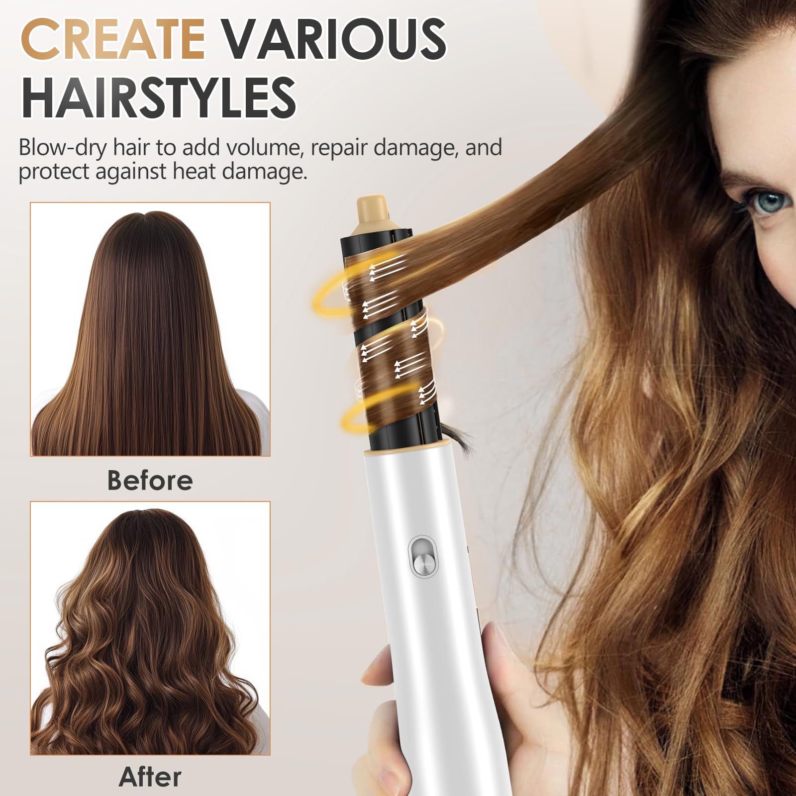 Cepillo de Aire Caliente, Air Styler 5 en 1, Cepillo Alisador Pelo, Cepillo Secador de Pelo, 5 Cabezales Intercambiables, 3 Temperaturas, Peinados Rápidos, para Seca Alisa (Oro blanco)