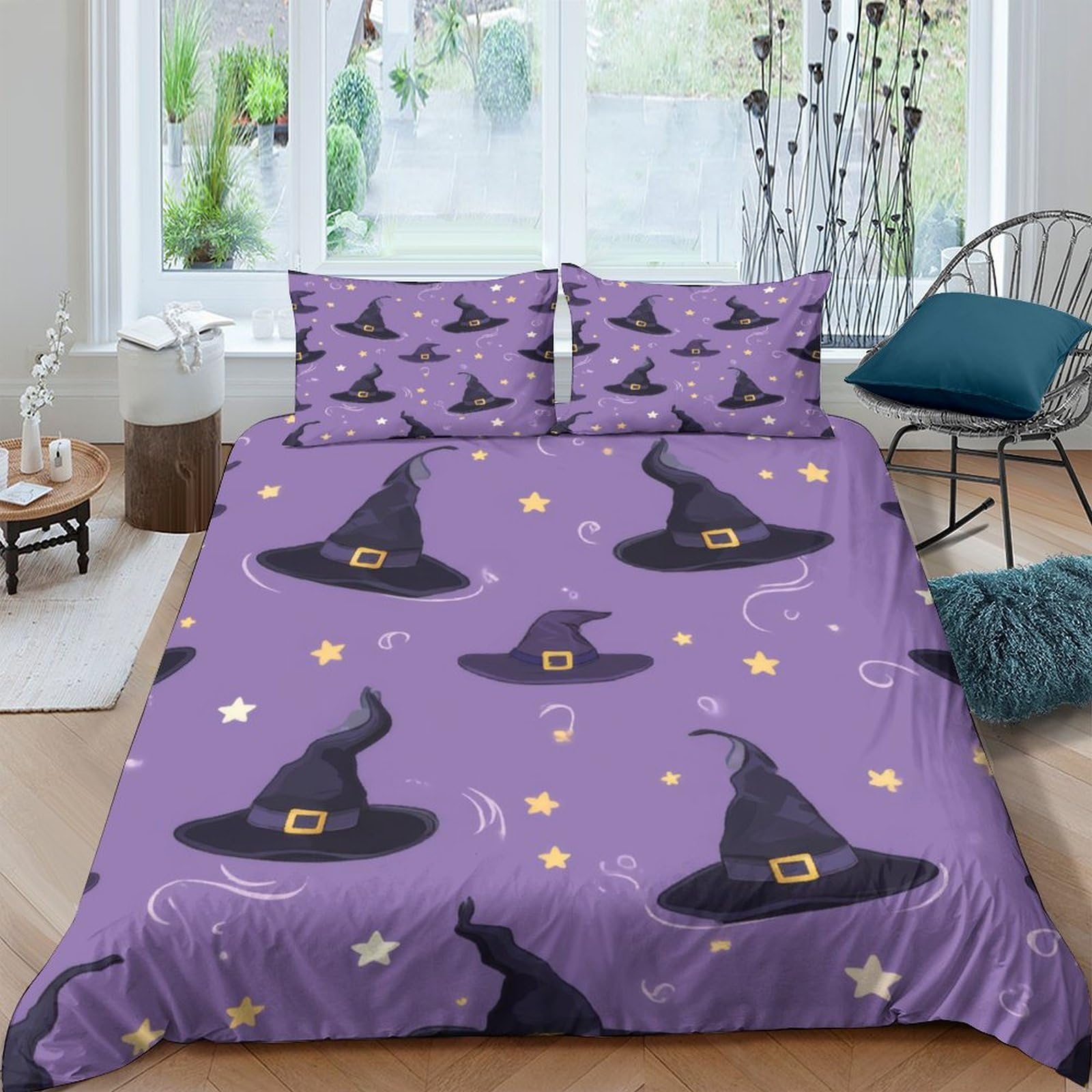 Ctjqhvkz Style-1 3D Printed Purple Witch Hat Fitted Sheet Microfiber Soft Mattress Cover For Bedroom Dorm Room Decor Easy Care Single（135X200cm）