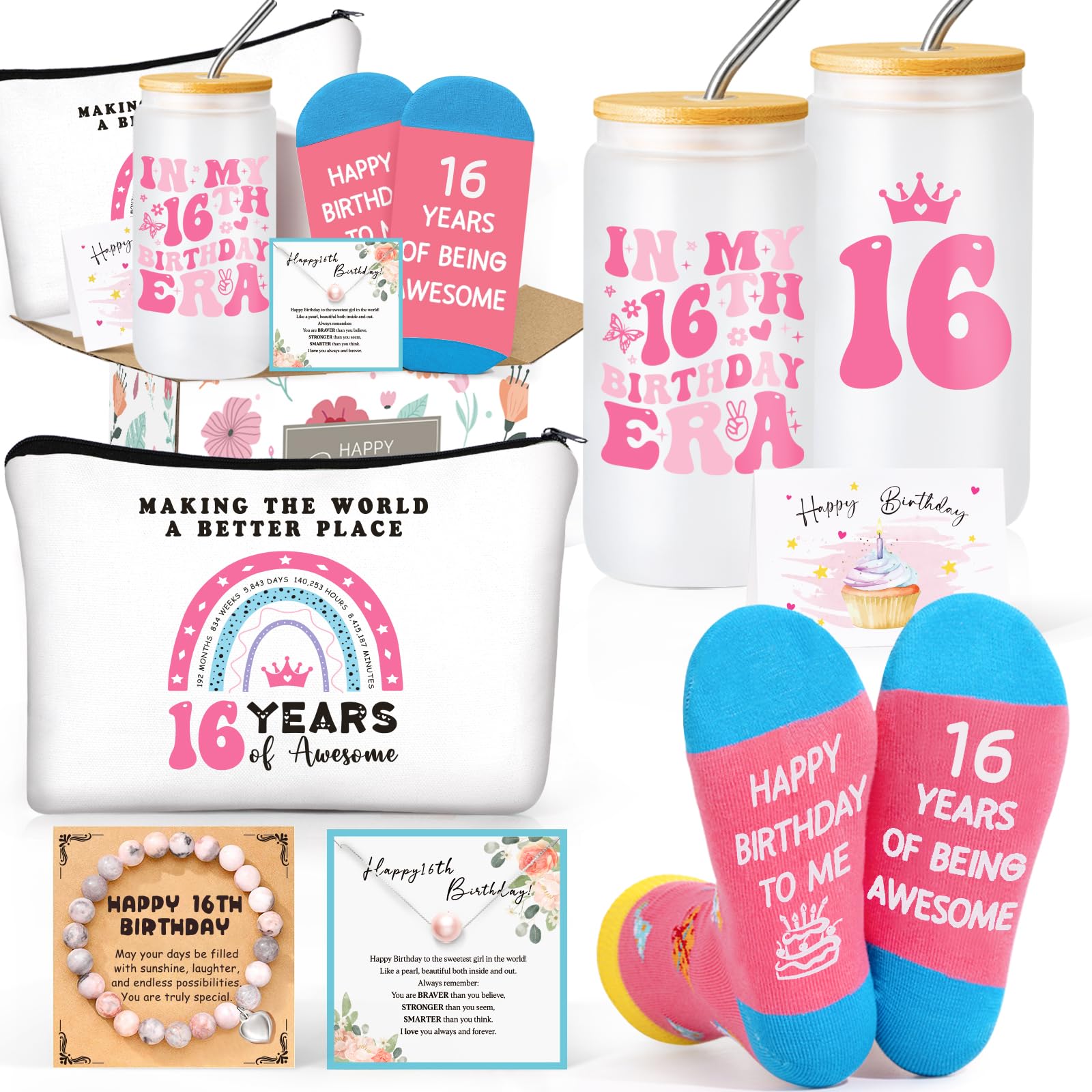 Frerdui 16 Year Old Girl Gifts – 16th Birthday Gift Set for Teen Girl, Cute Present Ideas for 16 Year Old Daughter Granddaughter Niece, Trendy 16th Birthday Decorations, Jewelry, Cup & Accessories