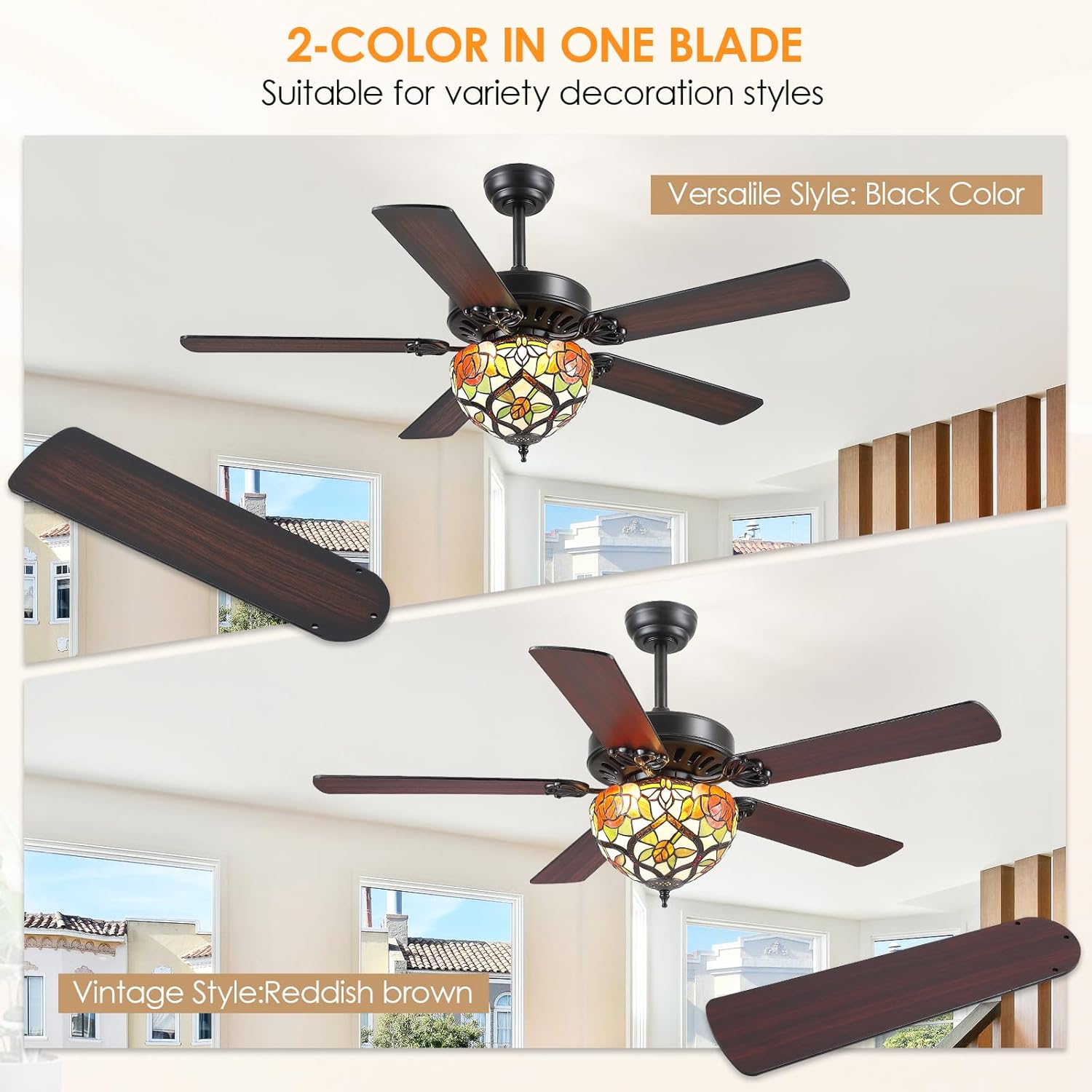 BYKISTOK 52" Ceiling Fans with Glass Shade - Black Low Profile Ceiling Fan Chandelier with 5 Reversible Blades, 3CCT Dimmable, Indoor and Outdoor Antique Fan Light Fixture, Retro, Farmhouse