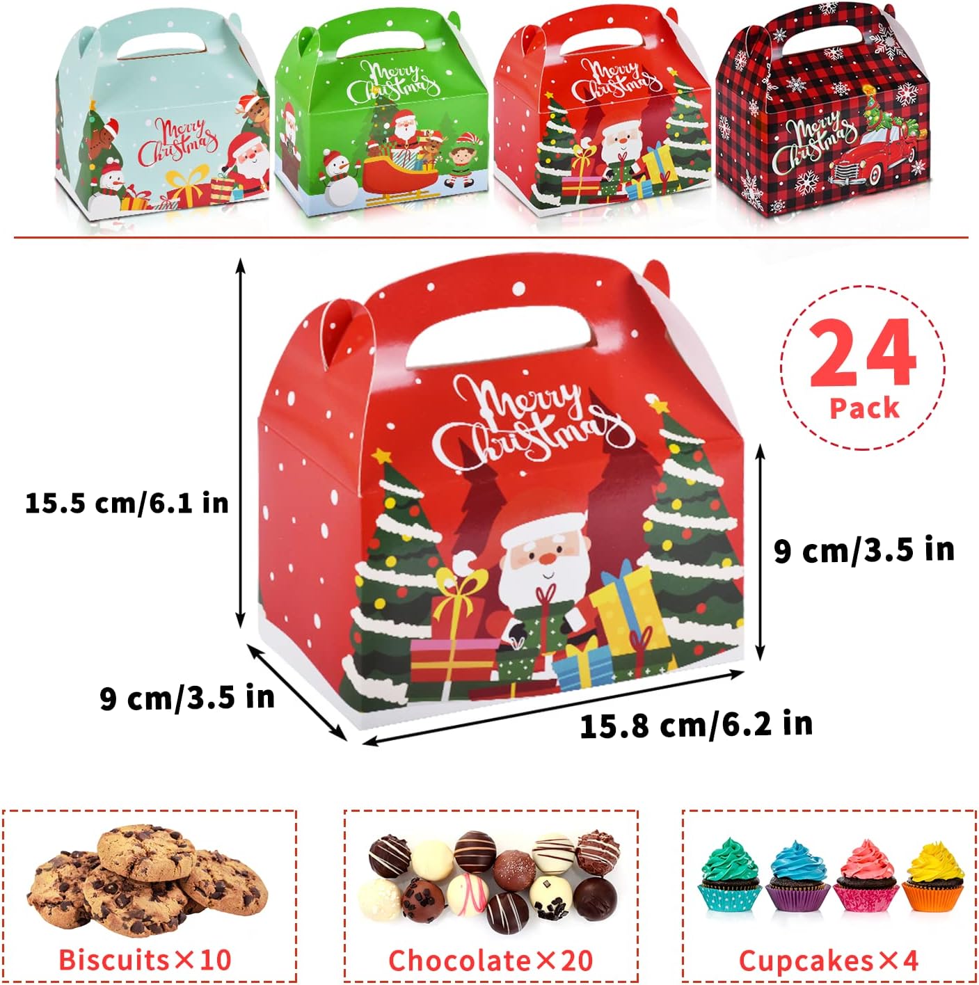 Gatherfun 24 Pieces Christmas Treat Box Candy Gable Boxes Goodie Boxes Cardboard Present Box Cookie with Handles for Christmas Party Favors, 6.2 x 3.5 x 3.5 Inches, 4 Designs - Image 2