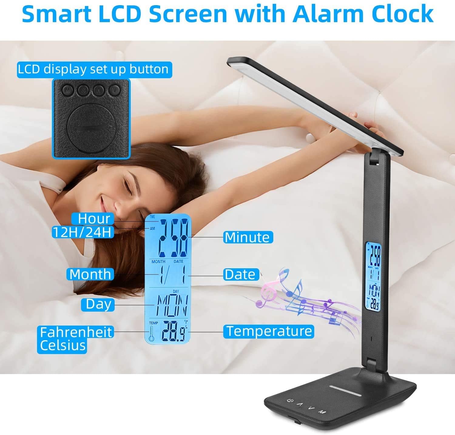 Ściemnialna lampa biurkowa LED z zegarem, 3 kolory i 5 poziomów jasności, przyjazna dla oczu lampka nocna z bezprzewodowym ładowaniem i portem USB, inteligentny wyświetlacz LCD