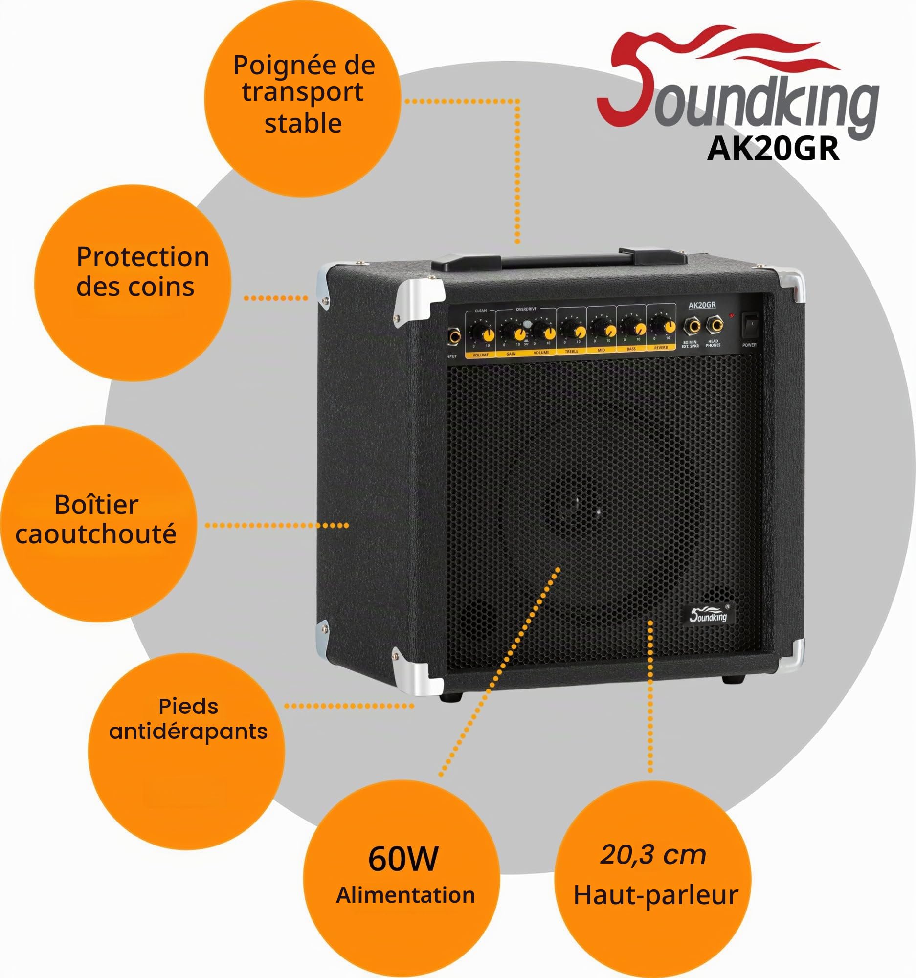 Soundking AK20-GR Combo Guitare - 2 Canaux, 60 Watts, Haut-Parleur 8" | 2 Canaux (clean & distorsion), 60 Watts (Puissance Crête), Vraie réverbération à ressort (Reverb), Réglages: Canal, Treble