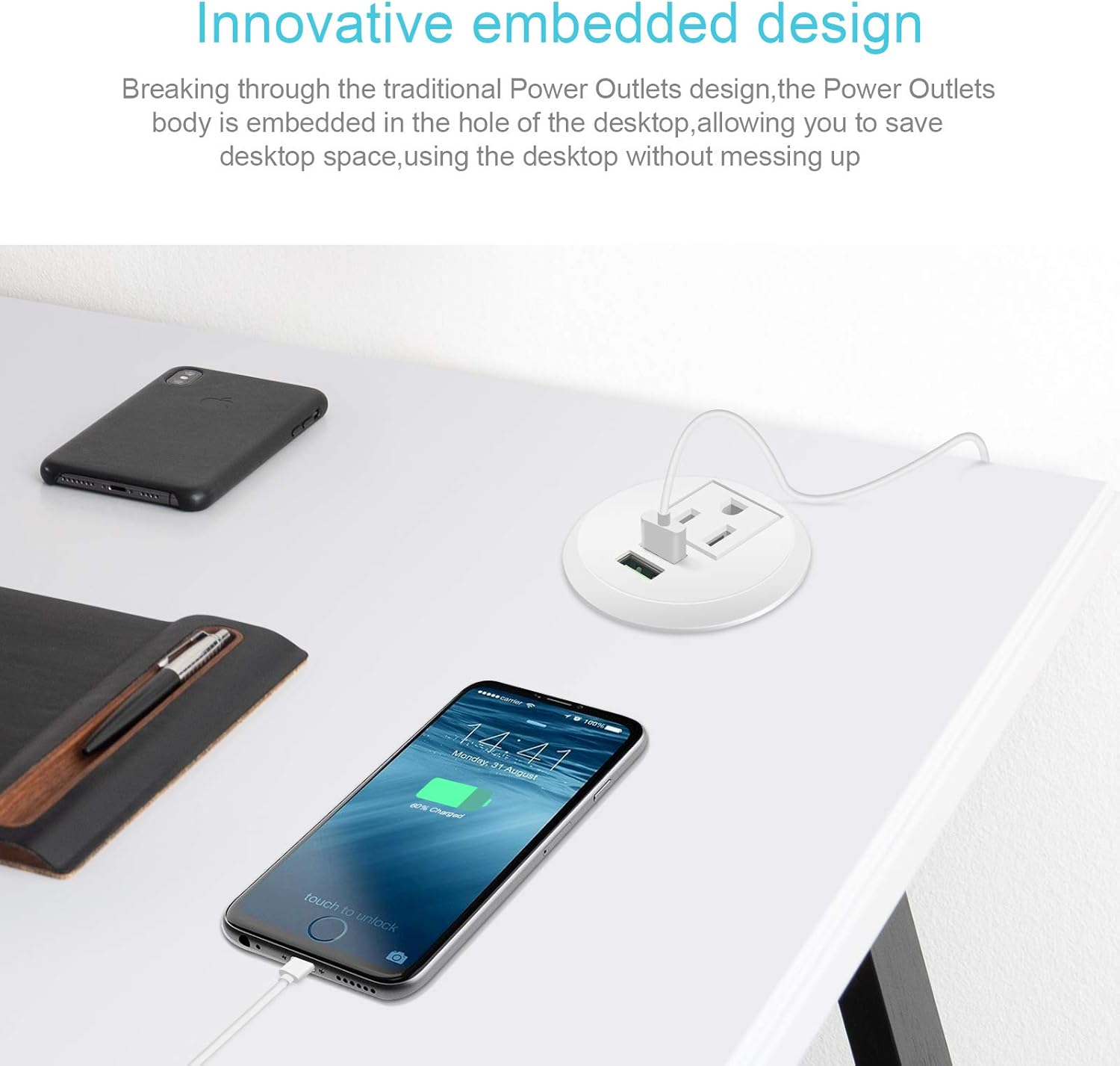 Desk Power Grommet wiht USB, Fits 2 inch Grommet Hole, Recessed Power Strip Socket, Plug in 2 Outlet 6.5 ft Extension Cord (White Round)